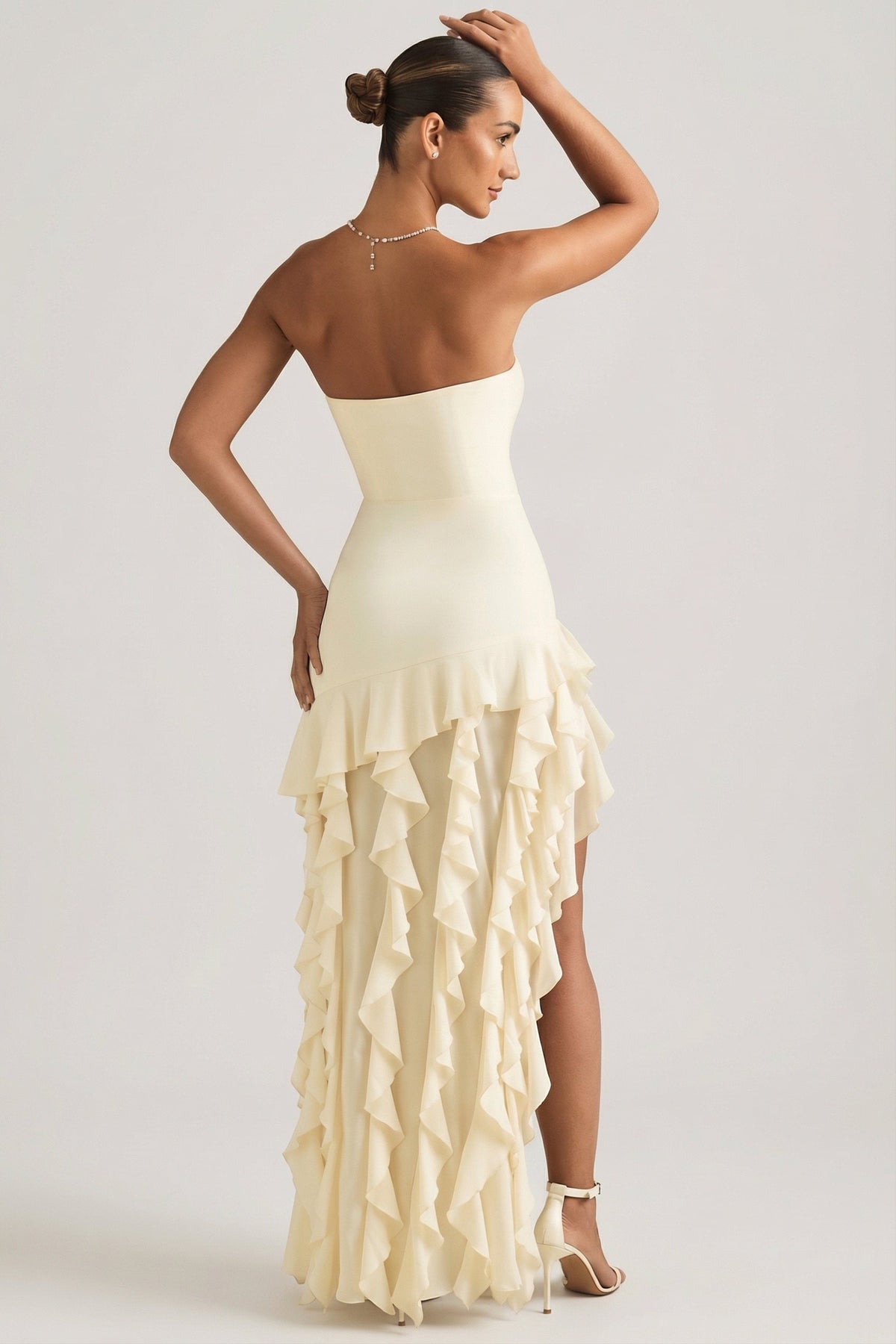 Belavie Dilette Ruffle-Trim Strapless Gown in Pearl