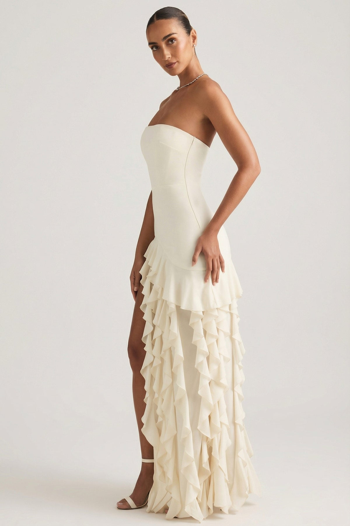 Belavie Dilette Ruffle-Trim Strapless Gown in Pearl