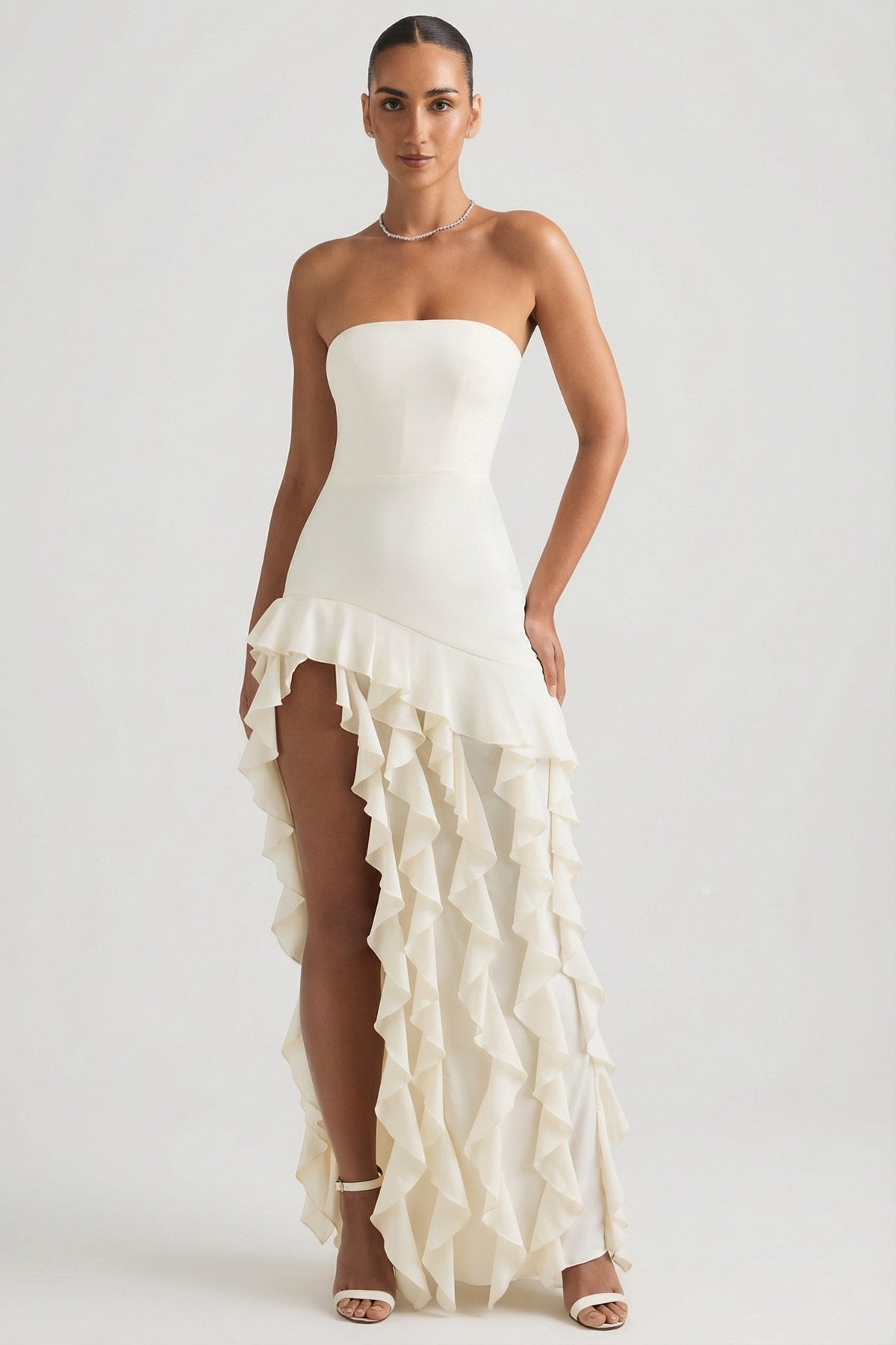 Belavie Dilette Ruffle-Trim Strapless Gown in Pearl
