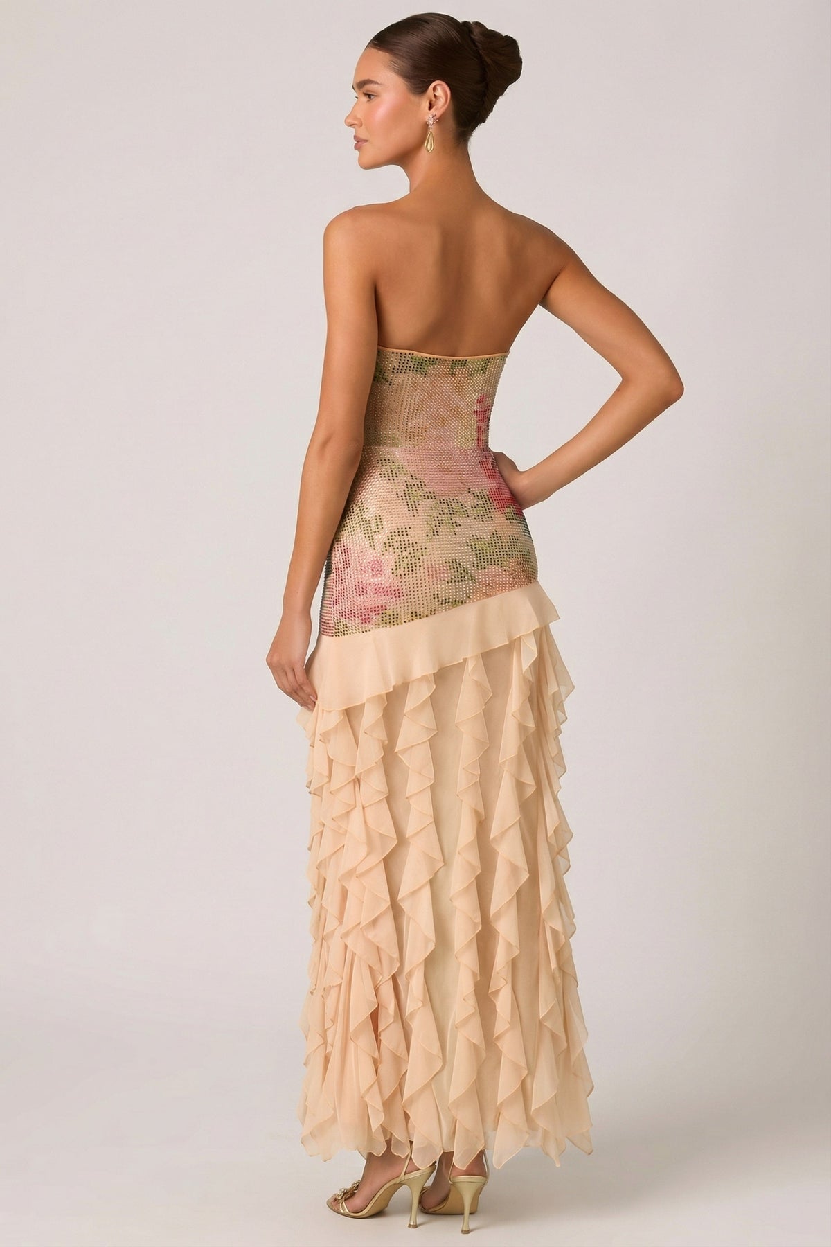 Belavie Dilette Embellished Ruffle-Trim Strapless Gown in Rose Hotfix