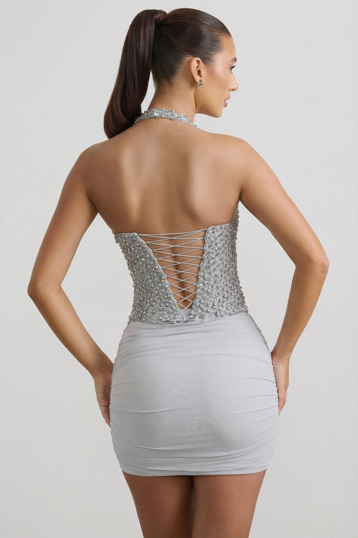 Belavie Dree Ruched Mid-Rise Mini Skirt in Silver