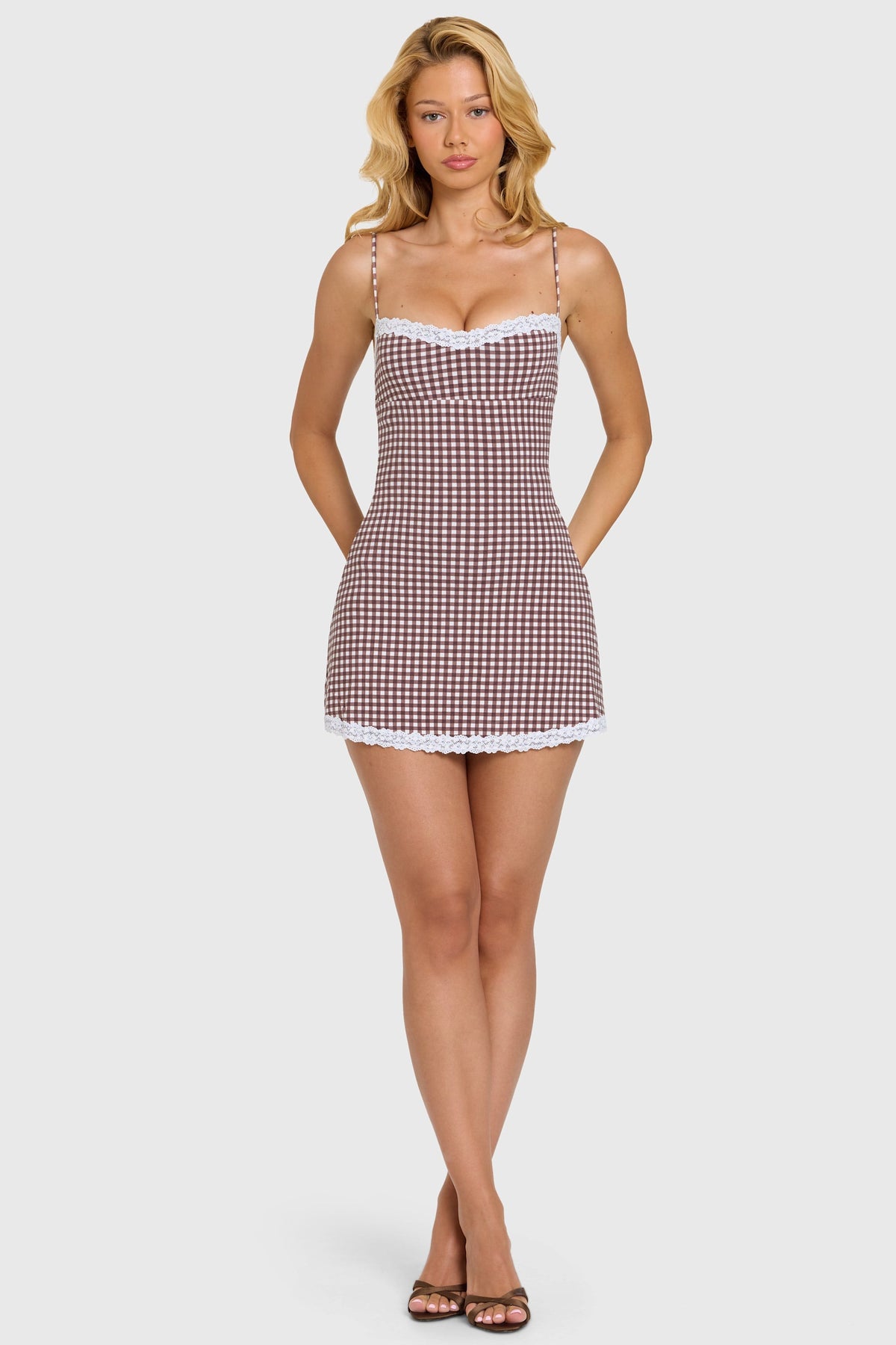 Belavie Eloraa Modal Lace-Trim Mini Dress in Brown Gingham