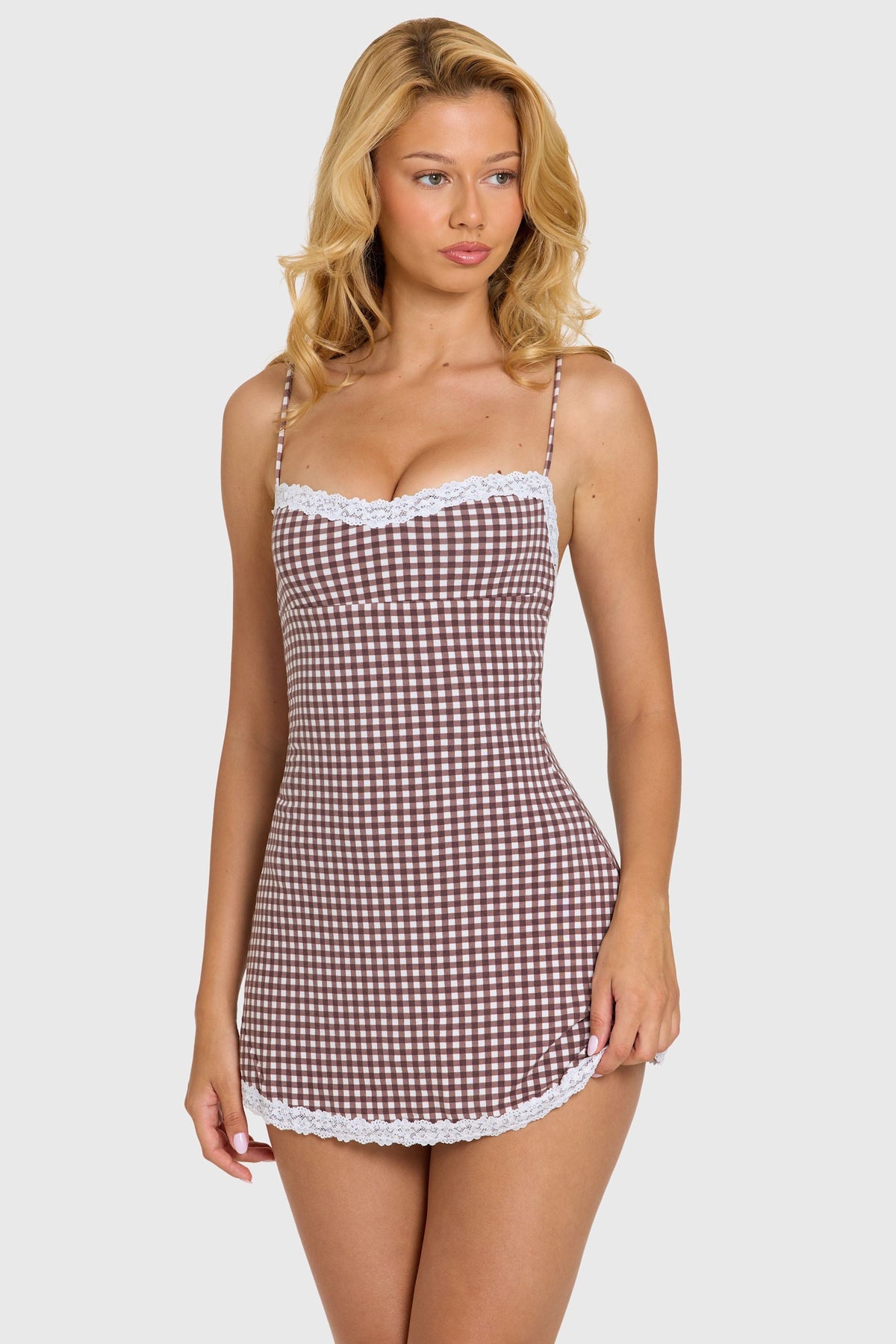 Belavie Eloraa Modal Lace-Trim Mini Dress in Brown Gingham
