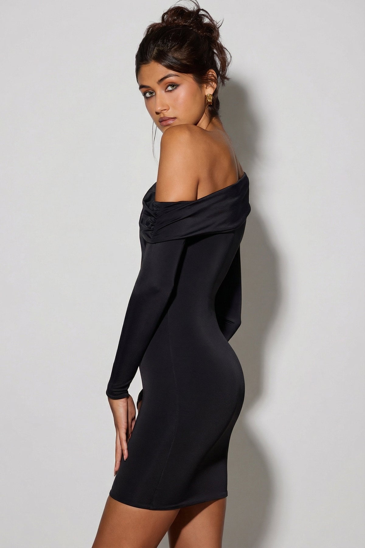 Belavie Evelin Off-Shoulder Ruched Mini Dress in Black
