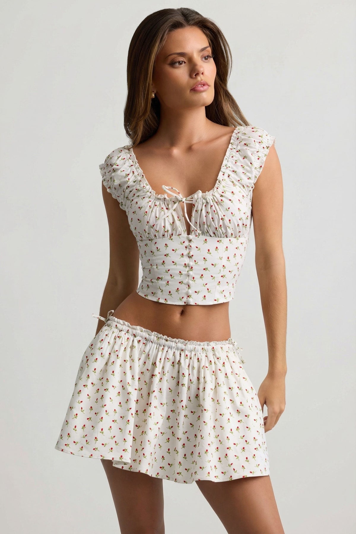 Belavie Faele Ruched Cotton-Poplin Corset Top in Rose Print