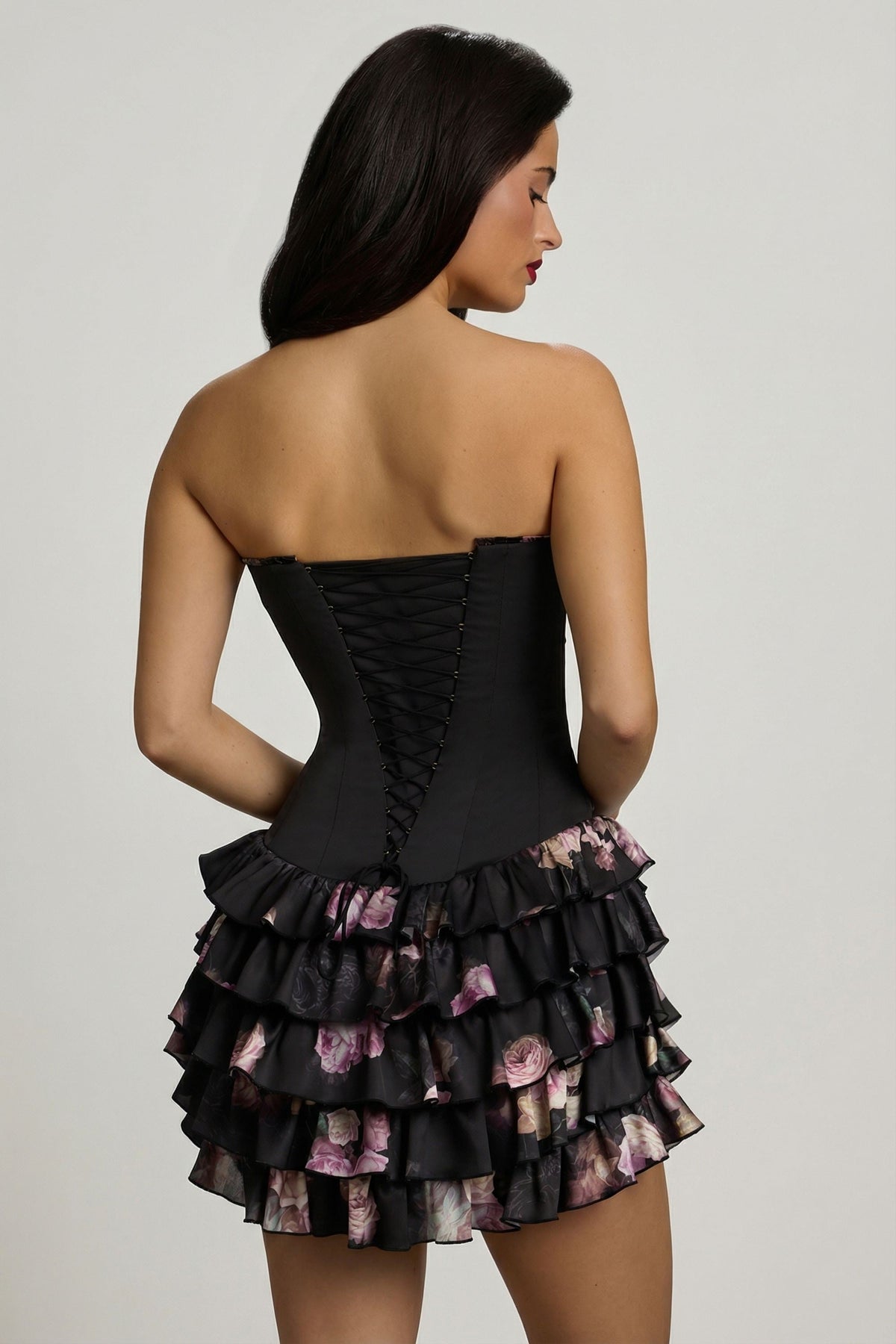 Belavie Strapless Ruffled Tiered Corset Mini Dress in Black Floral Print
