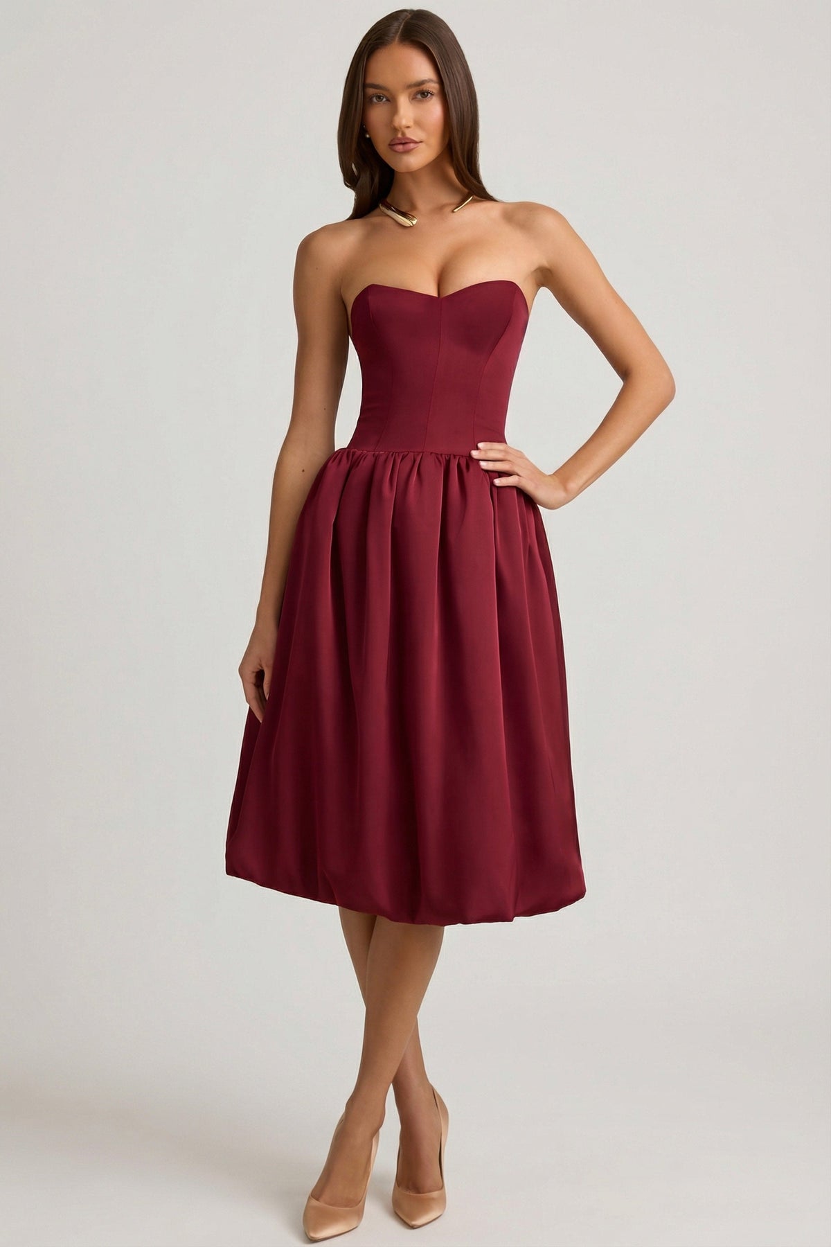 Belavie Gloriane Convertible Bow-Detail Bubble Hem Midaxi Dress in Wine Red