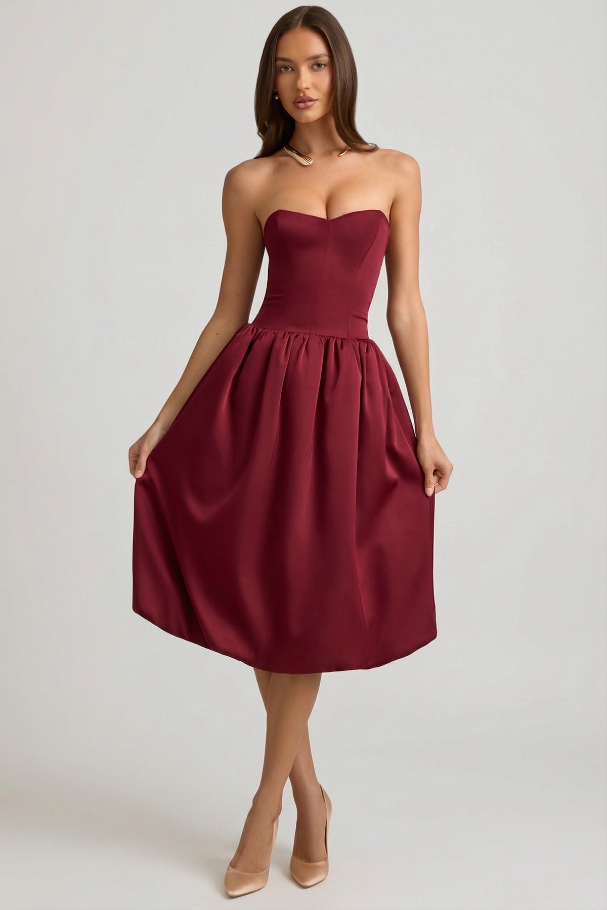 Belavie Gloriane Convertible Bow-Detail Bubble Hem Midaxi Dress in Wine Red