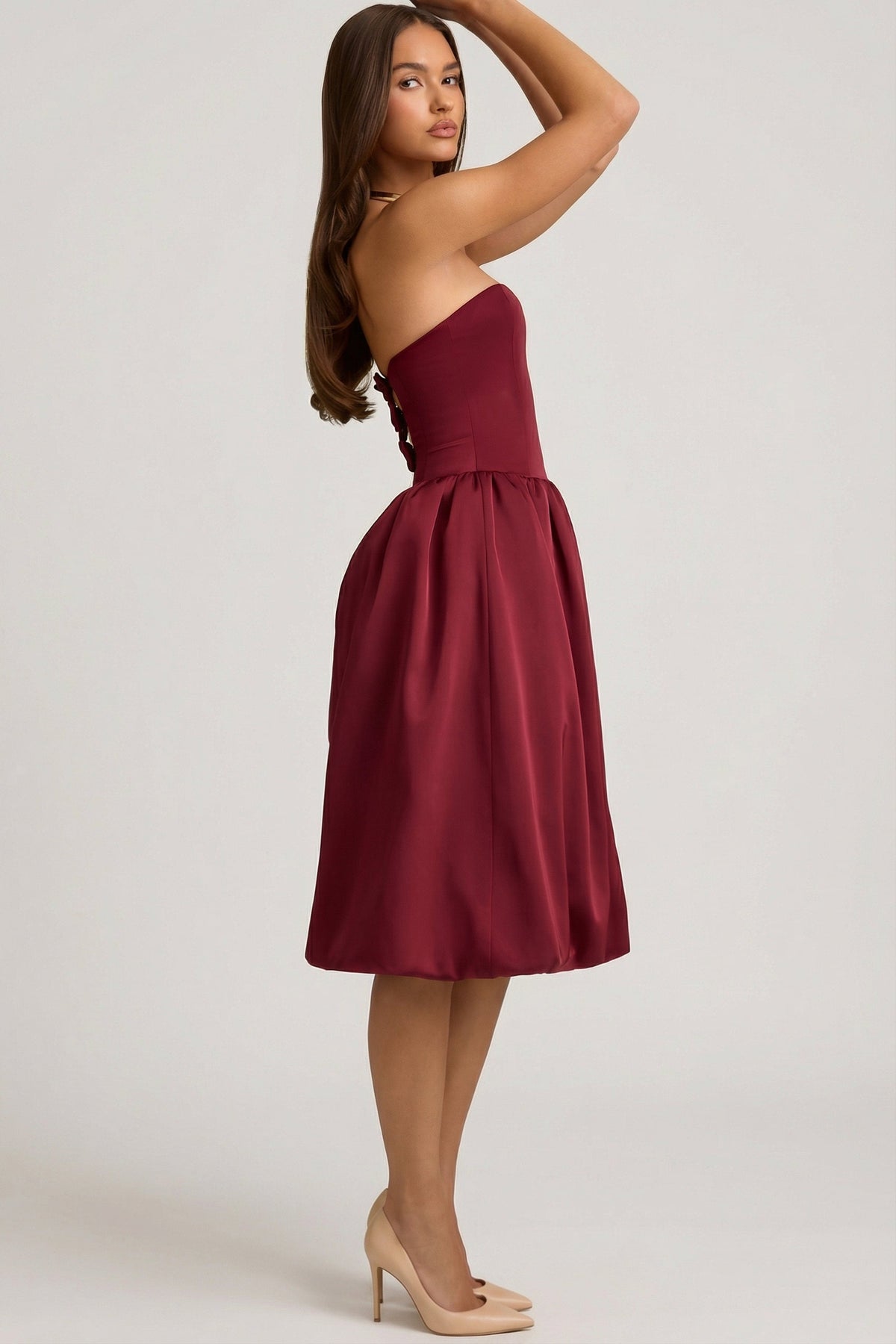 Belavie Gloriane Convertible Bow-Detail Bubble Hem Midaxi Dress in Wine Red