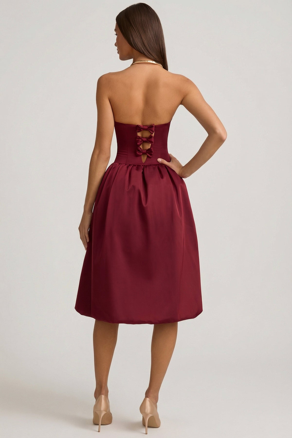 Belavie Gloriane Convertible Bow-Detail Bubble Hem Midaxi Dress in Wine Red