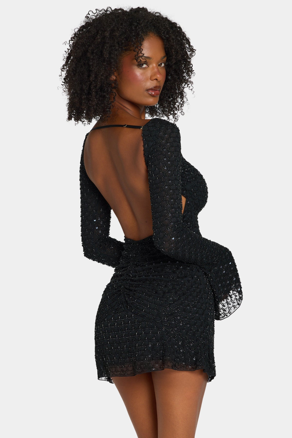 Belavie Grazine Embellished Open-Back A-Line Mini Dress in Black