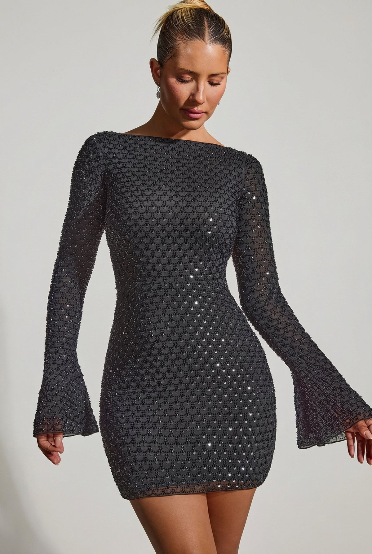Belavie Grazine Embellished Open-Back A-Line Mini Dress in Black