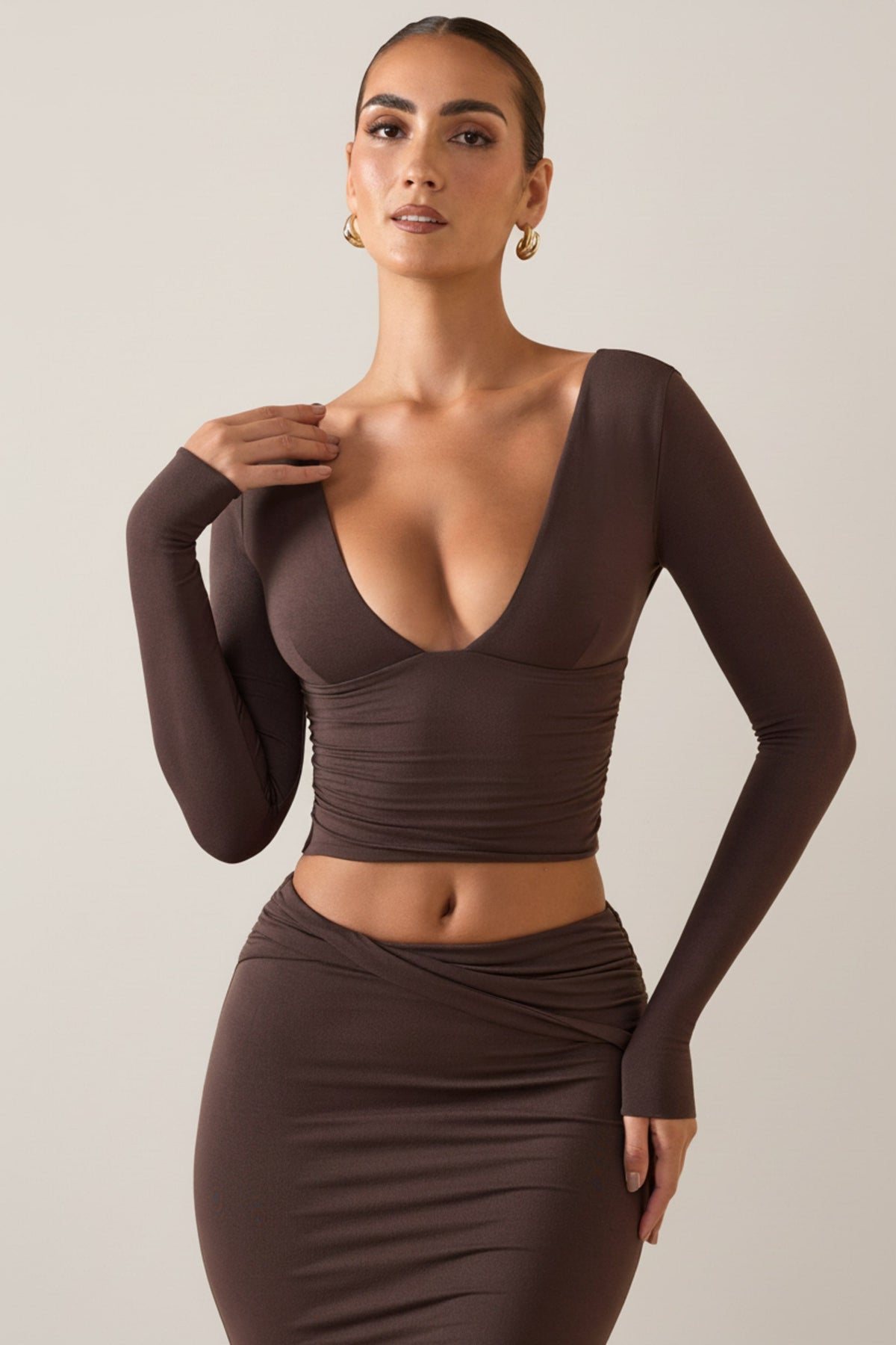 Belavie Harre Modal Plunge Long-Sleeve Top in Chocolate Brown