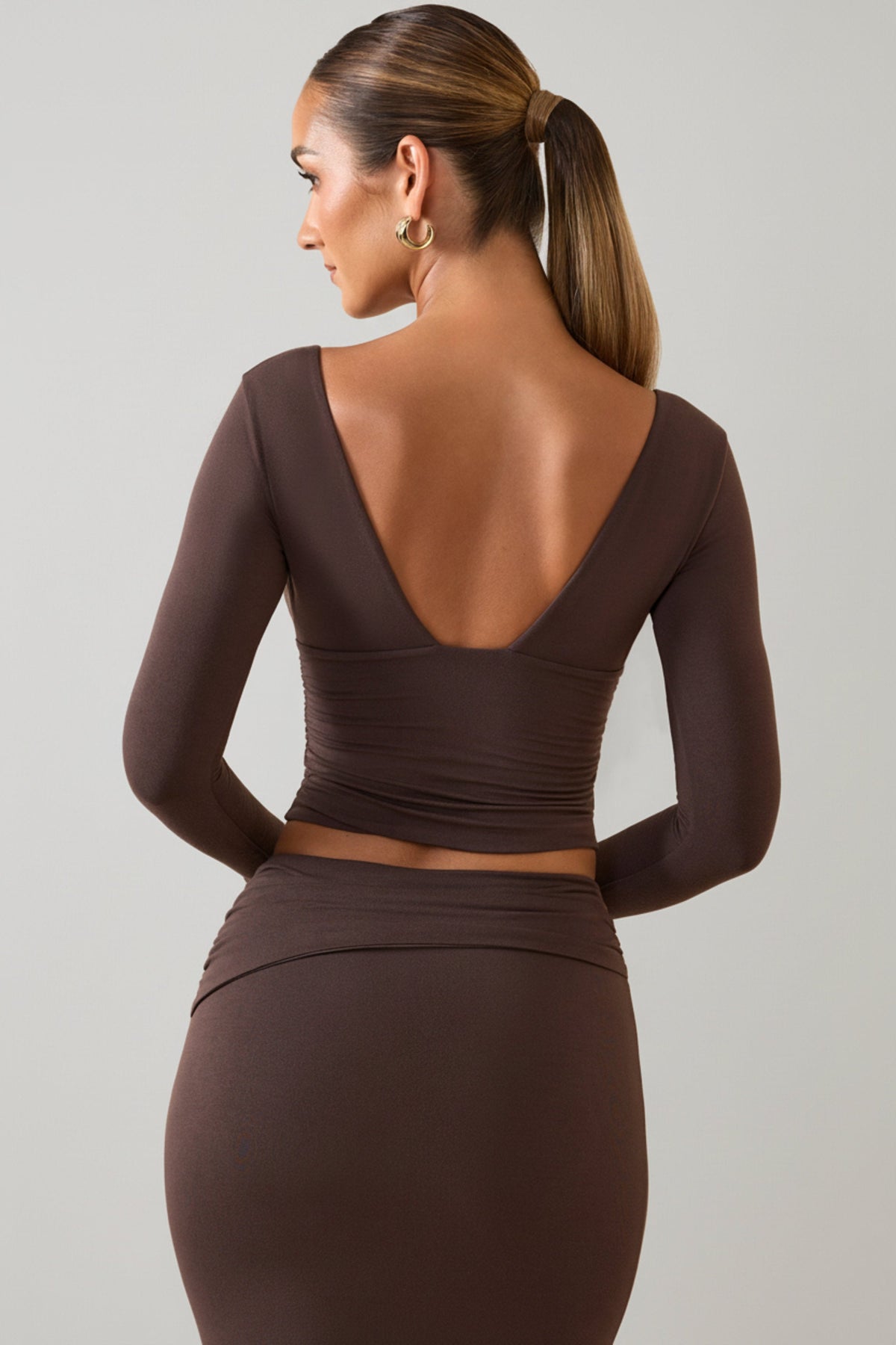 Belavie Harre Modal Plunge Long-Sleeve Top in Chocolate Brown