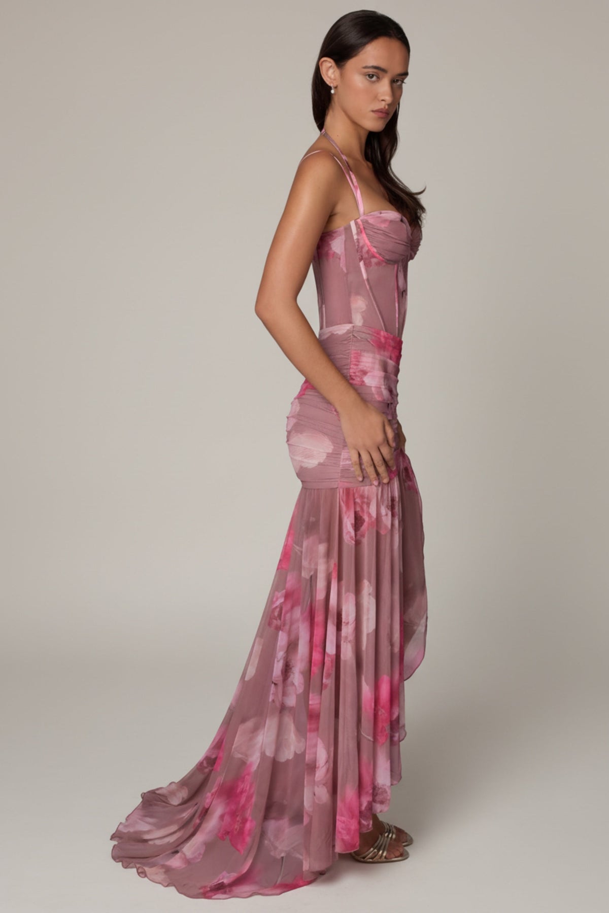 Belavie Harune Ruched Asymmetric Corset Gown in Blurred Floral