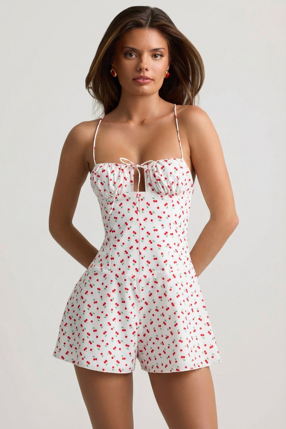 Belavie Helaie Ruched Backless Playsuit in Cherry Print