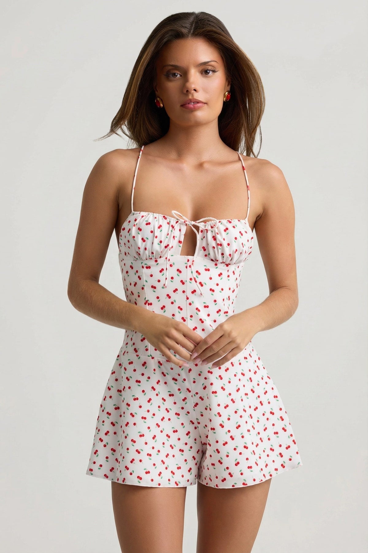 Belavie Helaie Ruched Backless Playsuit in Cherry Print