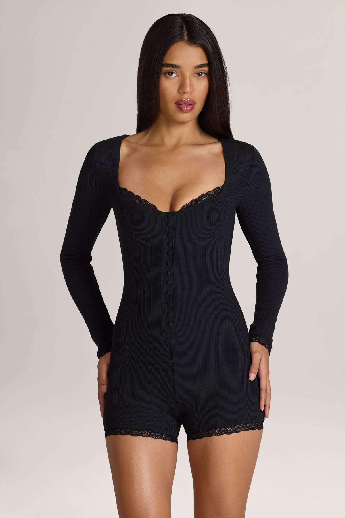 Belavie Hendrex Ribbed Modal Lace-Trim Romper in Black