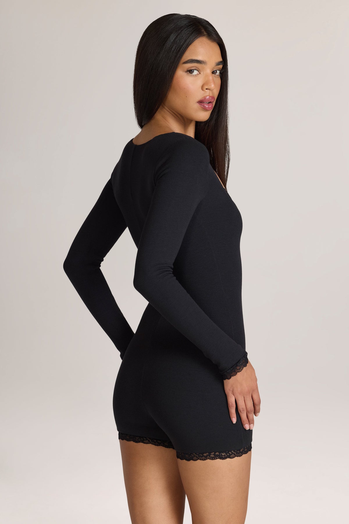Belavie Hendrex Ribbed Modal Lace-Trim Romper in Black