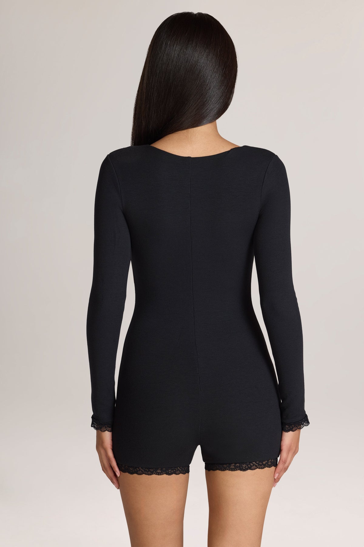 Belavie Hendrex Ribbed Modal Lace-Trim Romper in Black