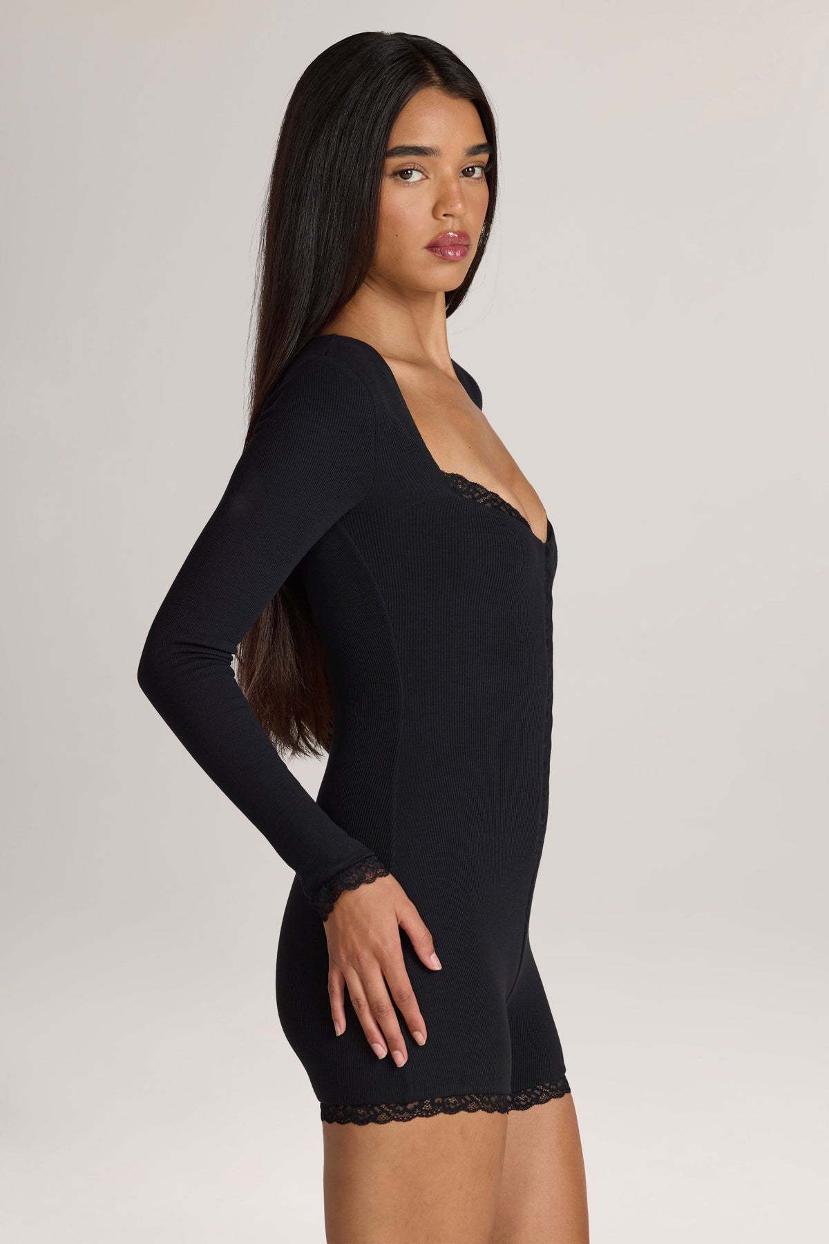 Belavie Hendrex Ribbed Modal Lace-Trim Romper in Black