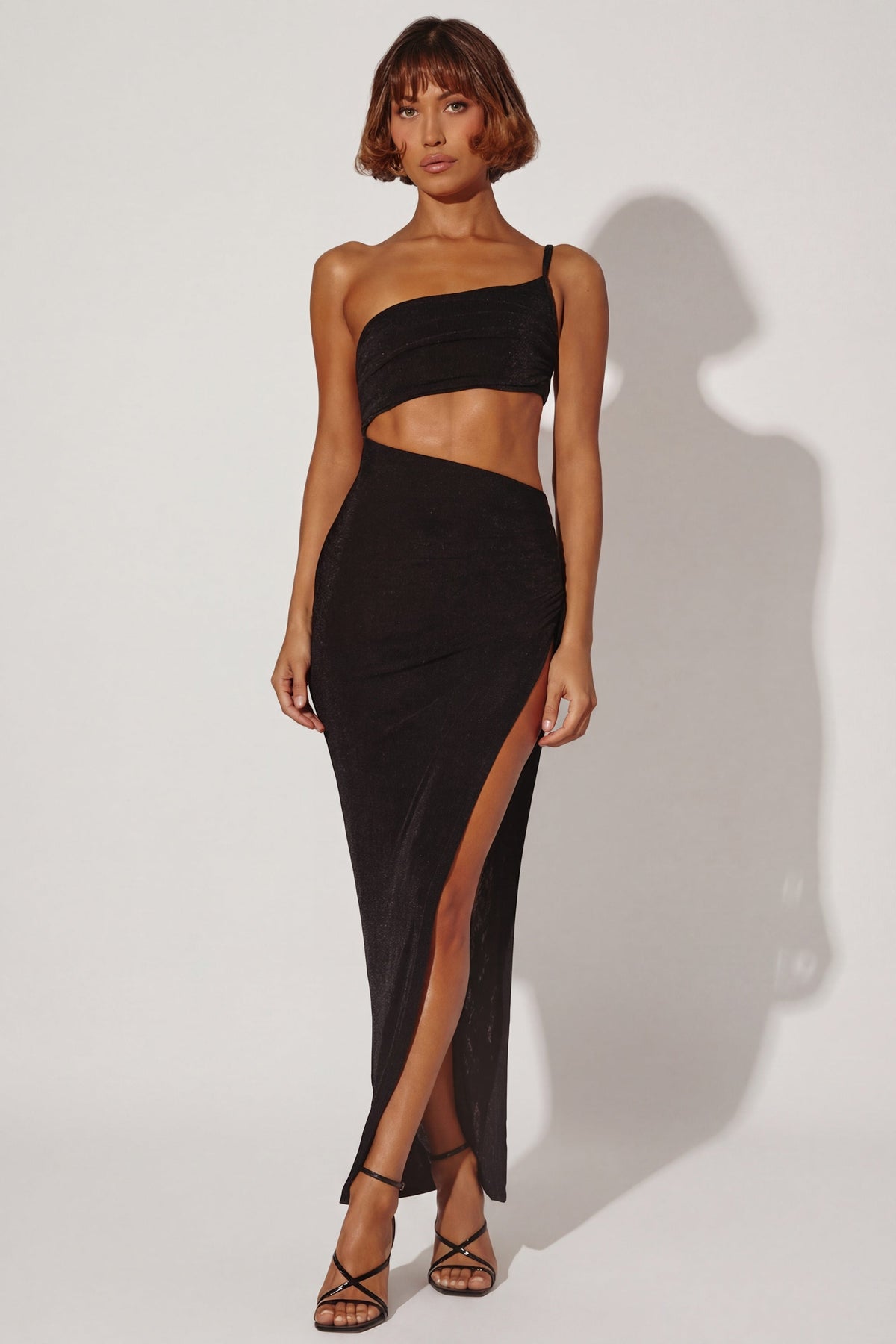 Belavie Ishter One Shoulder Cut Out Maxi Dress in Black