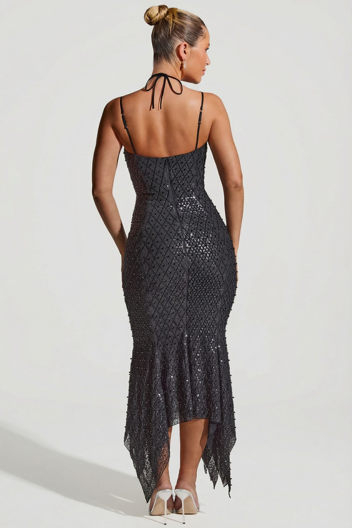 Belavie Josephina Embellished Cut-Out Asymmetric Midaxi Dress in Black