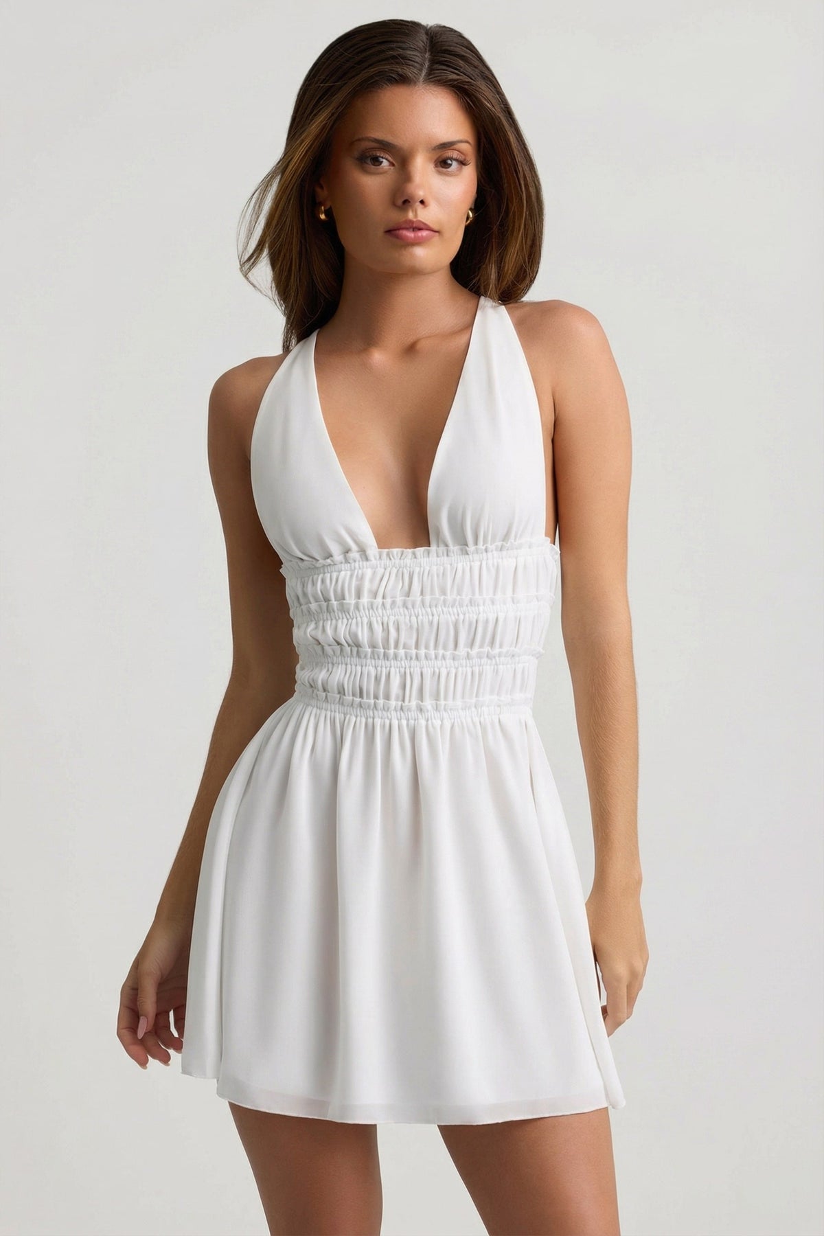 Belavie Kaeles Plunge Cross-Back Mini Dress in White