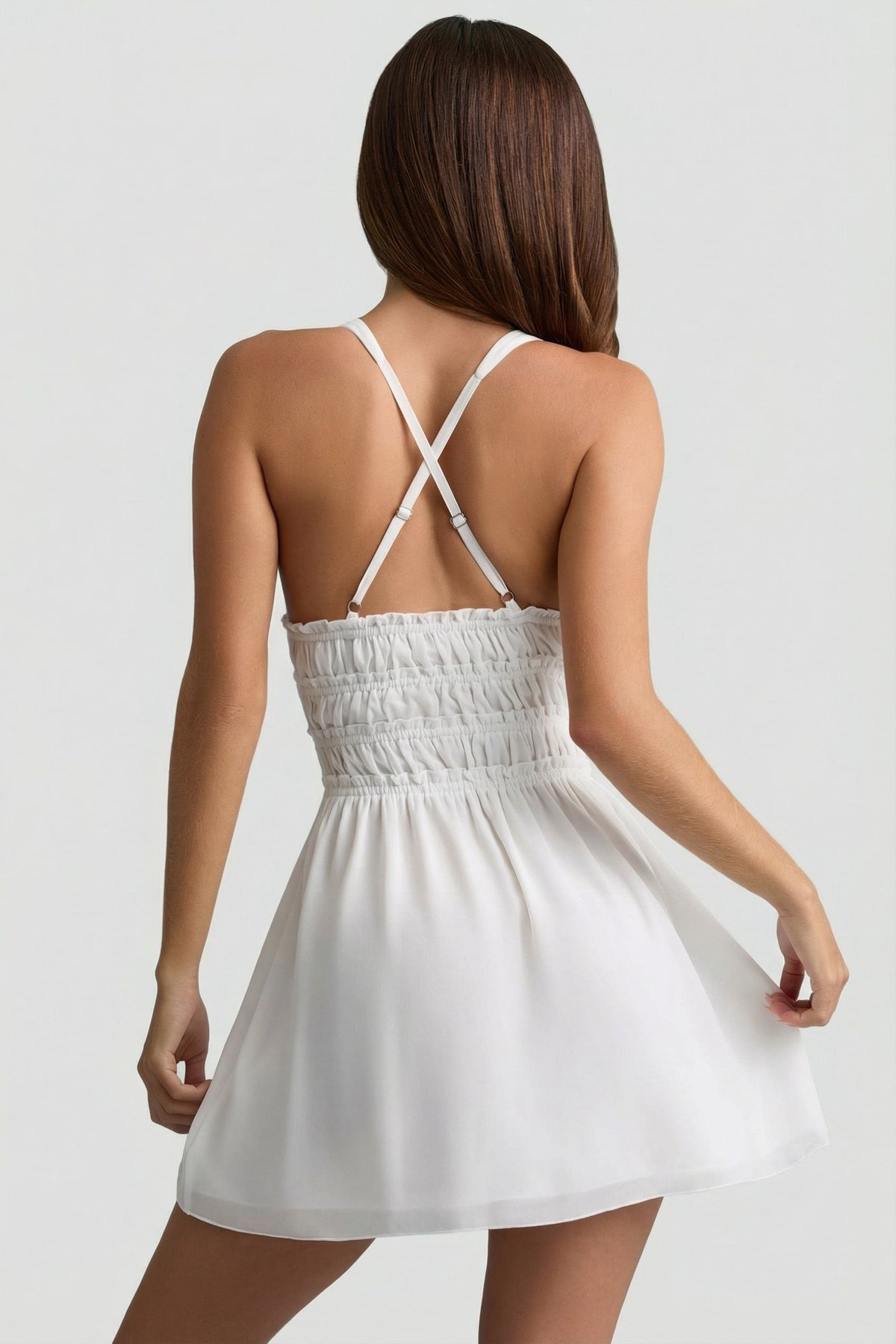 Belavie Kaeles Plunge Cross-Back Mini Dress in White