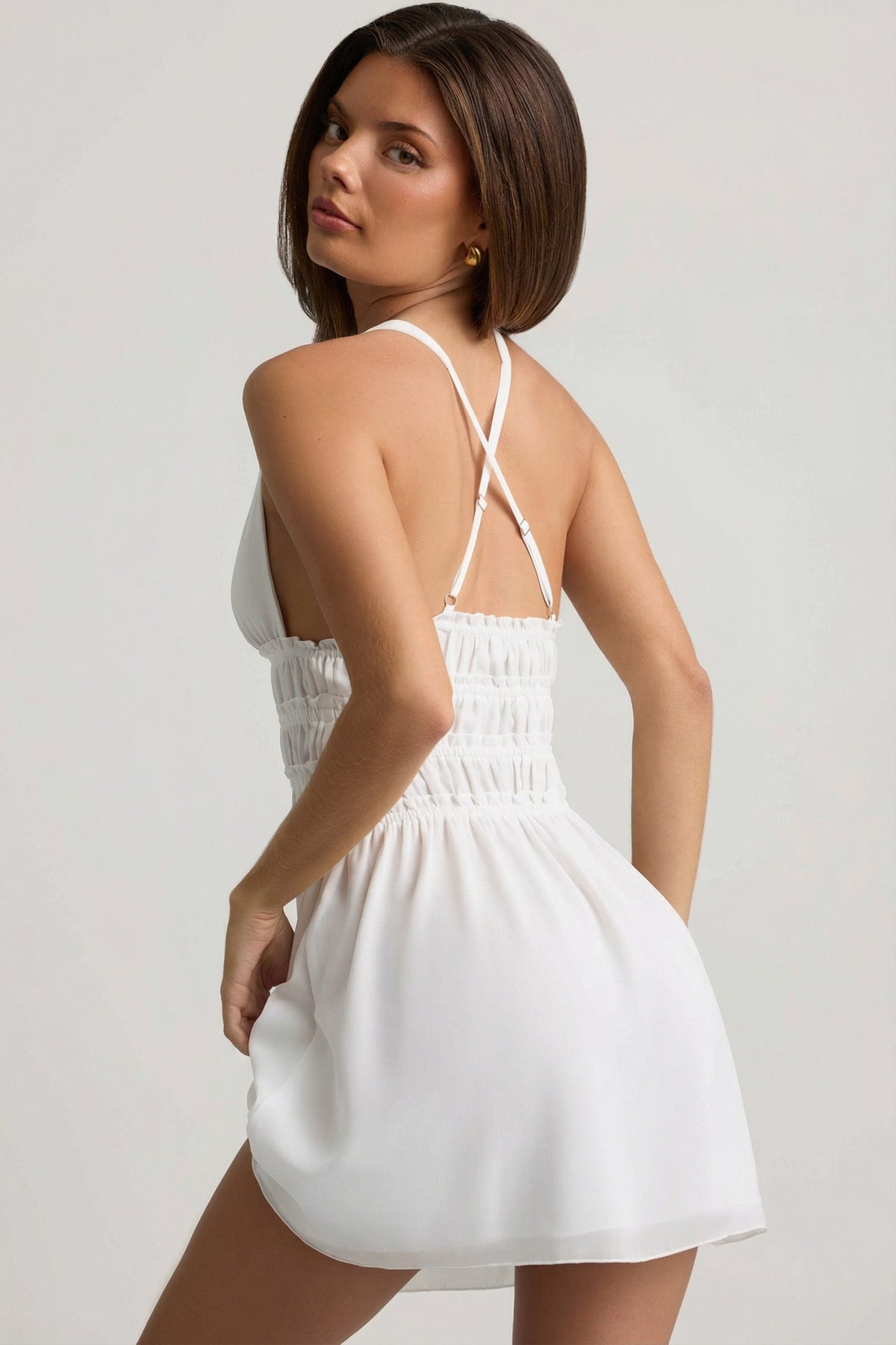 Belavie Kaeles Plunge Cross-Back Mini Dress in White
