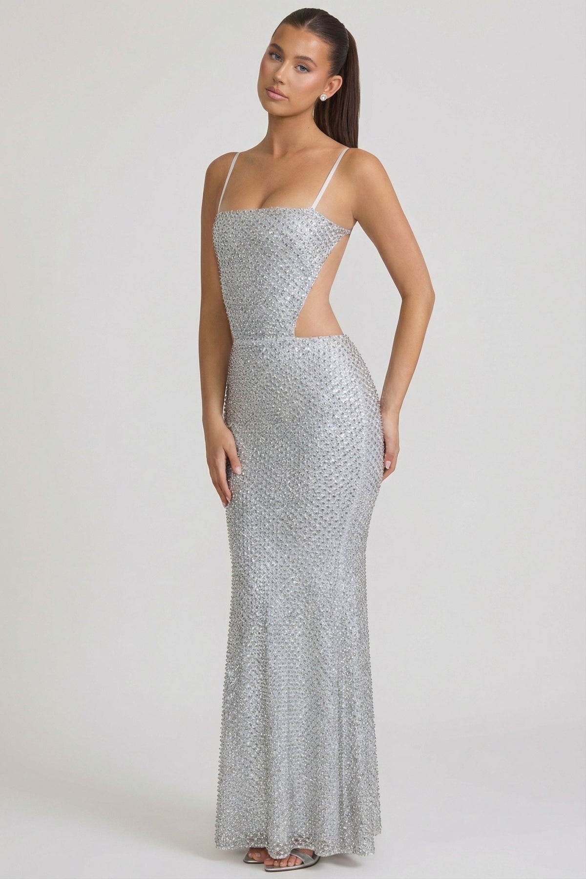 Belavie Katalie Embellished Cut-Out Gown in Silver