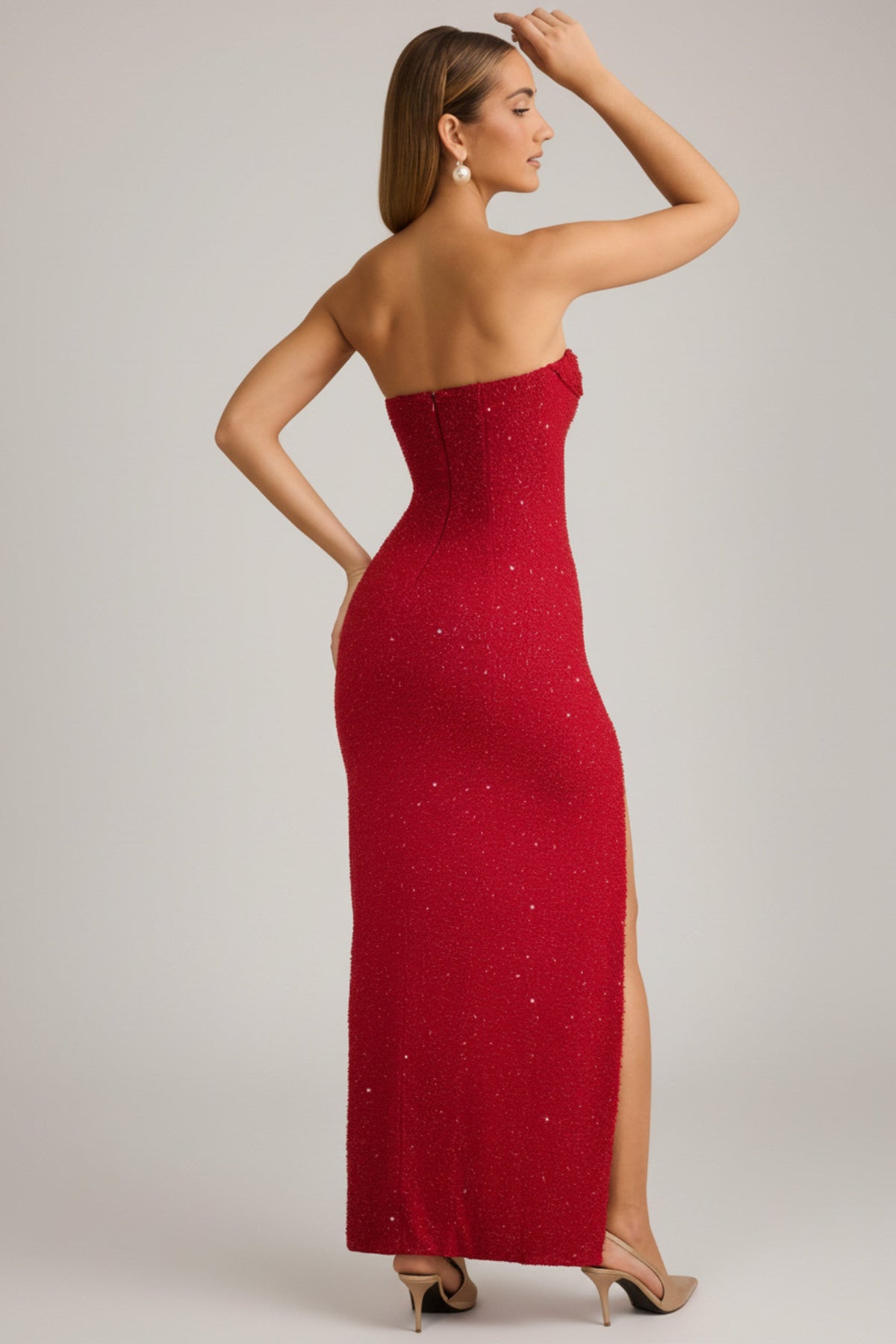 Belavie Embellished Strapless Cowl-Neck Maxi Dress in Rouge