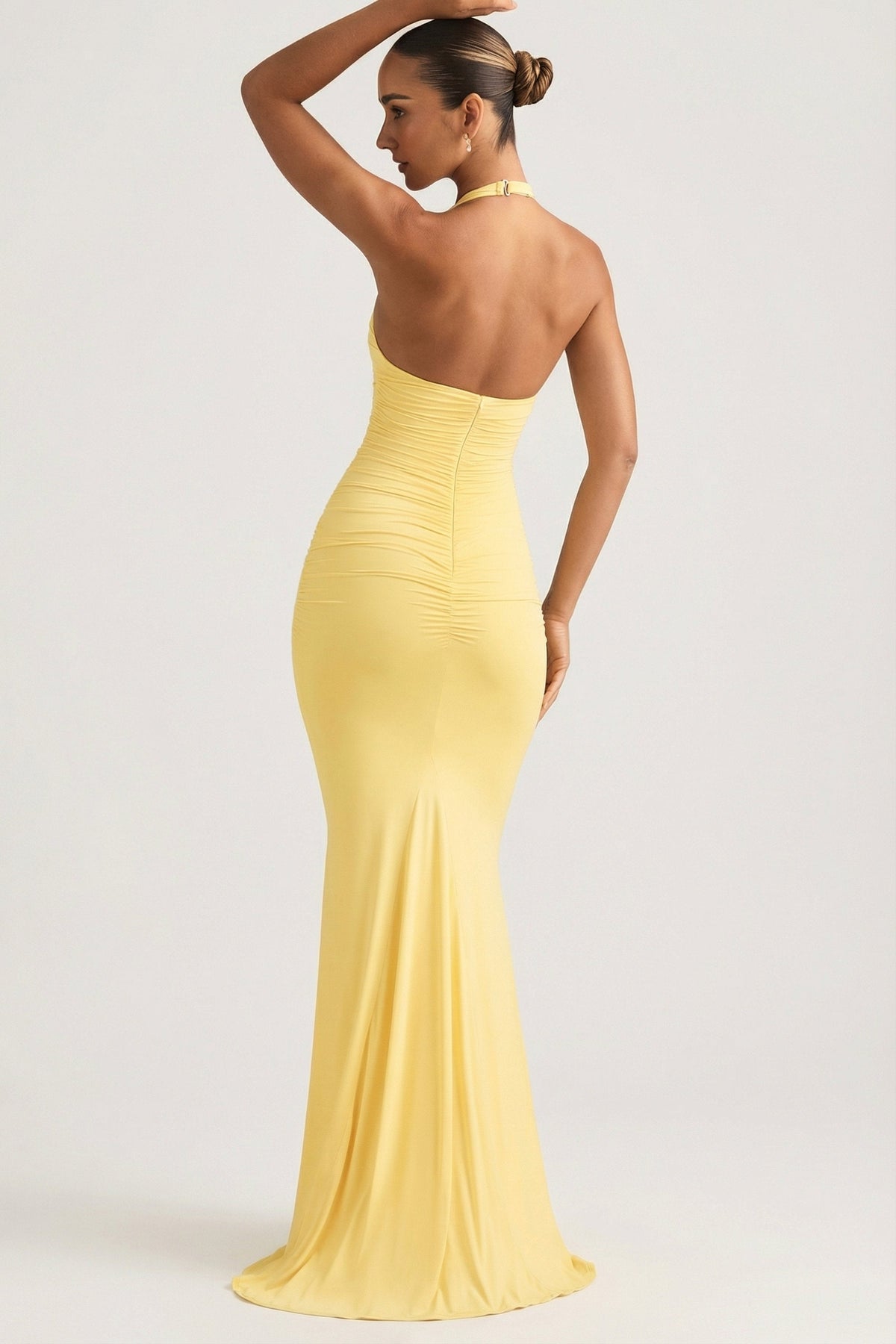 Belavie Laverne Ruched Backless Halterneck Gown in Pastel Yellow