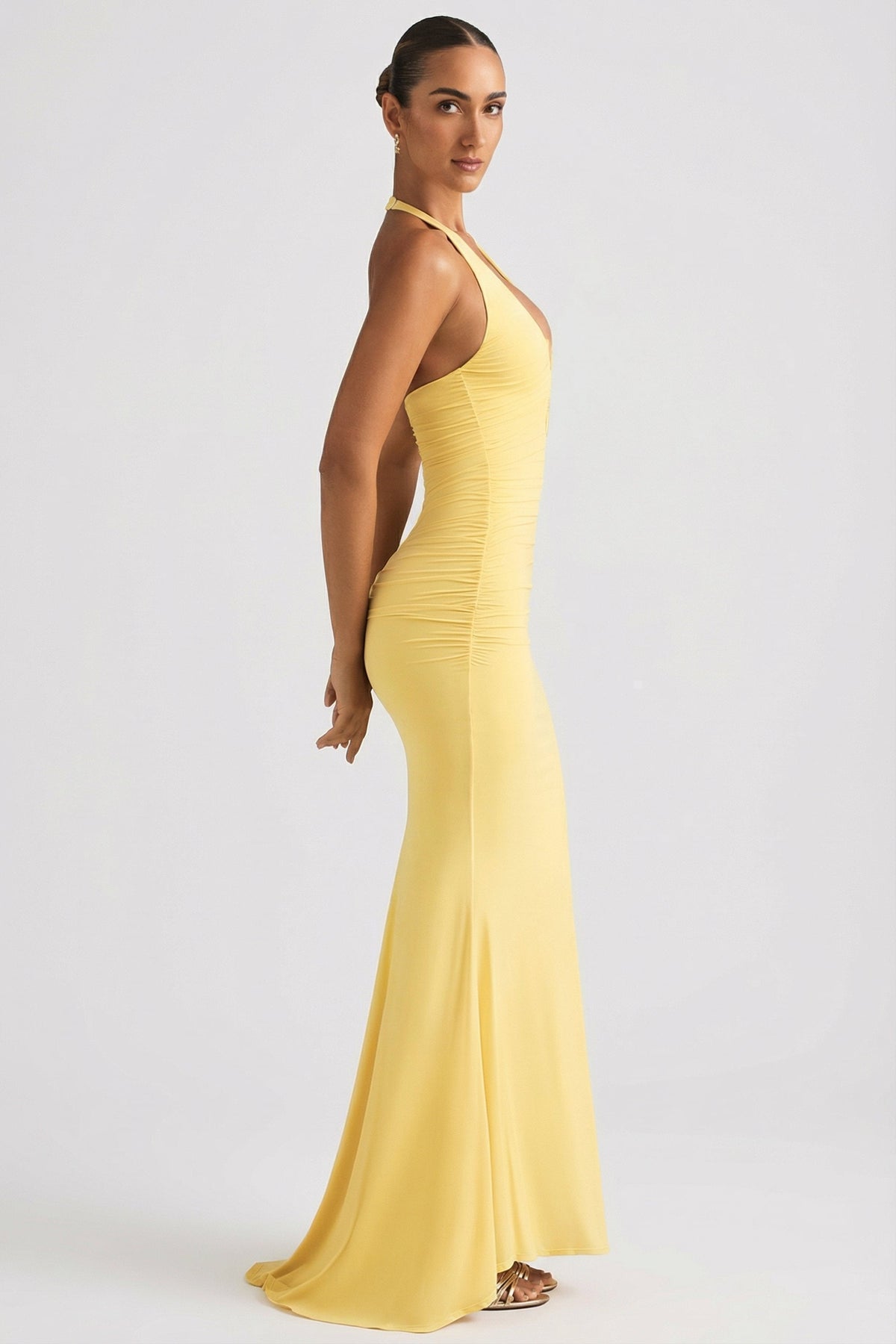 Belavie Laverne Ruched Backless Halterneck Gown in Pastel Yellow
