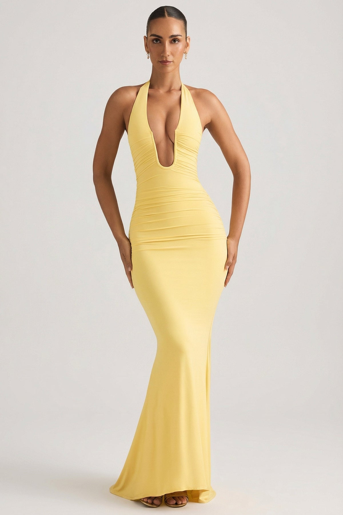 Belavie Laverne Ruched Backless Halterneck Gown in Pastel Yellow