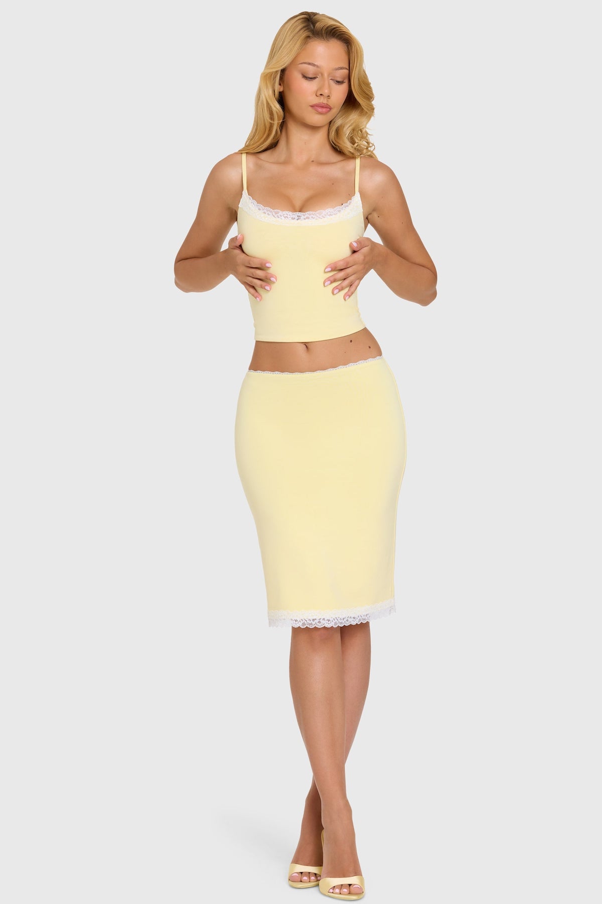 Belavie Lenee Modal Lace-Trim Midi Skirt in Butter