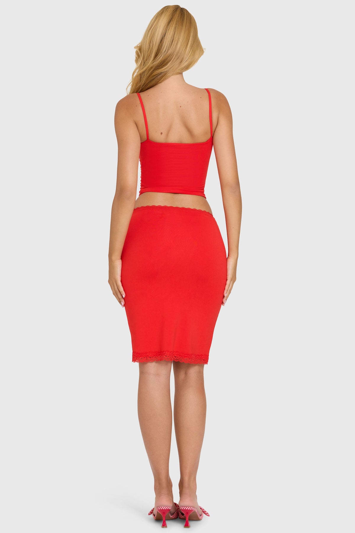 Belavie Lenee Modal Lace-Trim Midi Skirt in Cherry