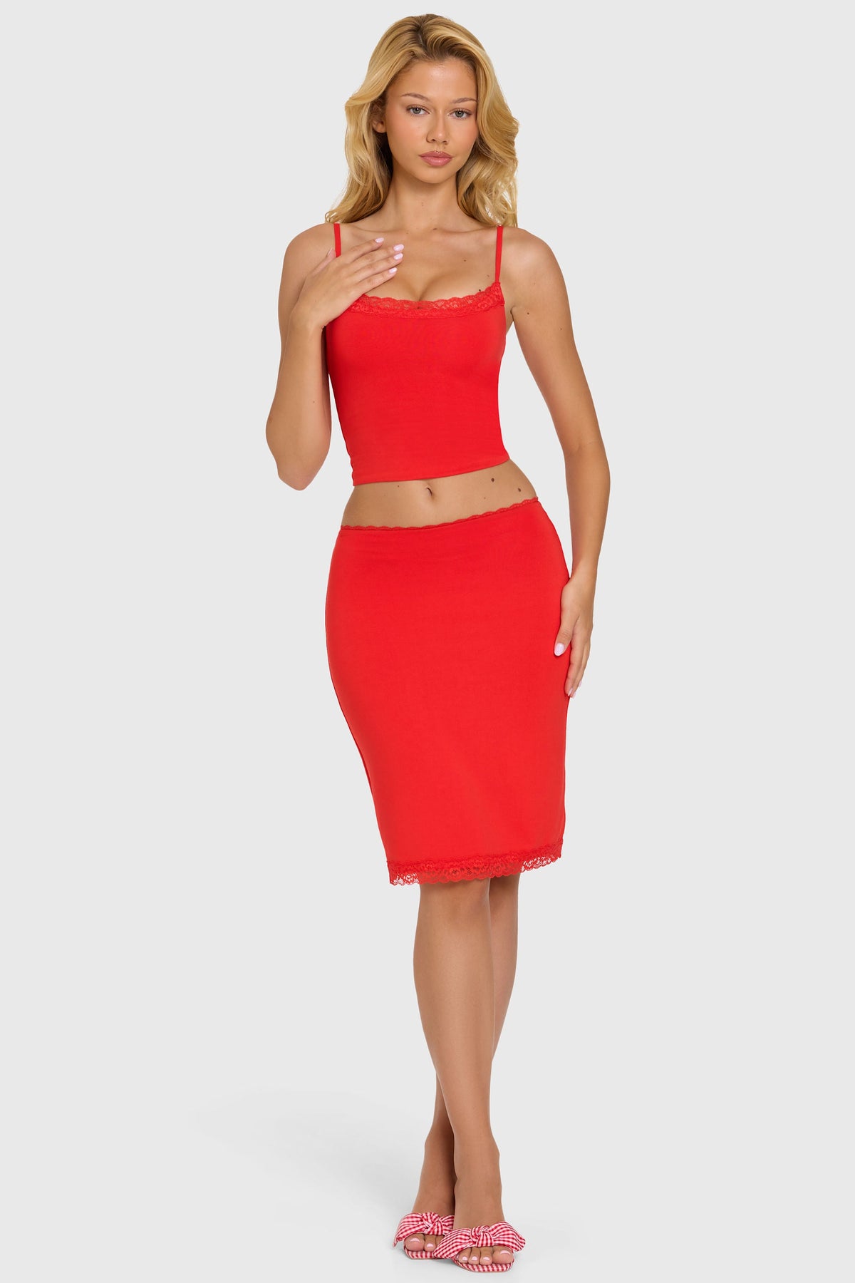 Belavie Lenee Modal Lace-Trim Midi Skirt in Cherry