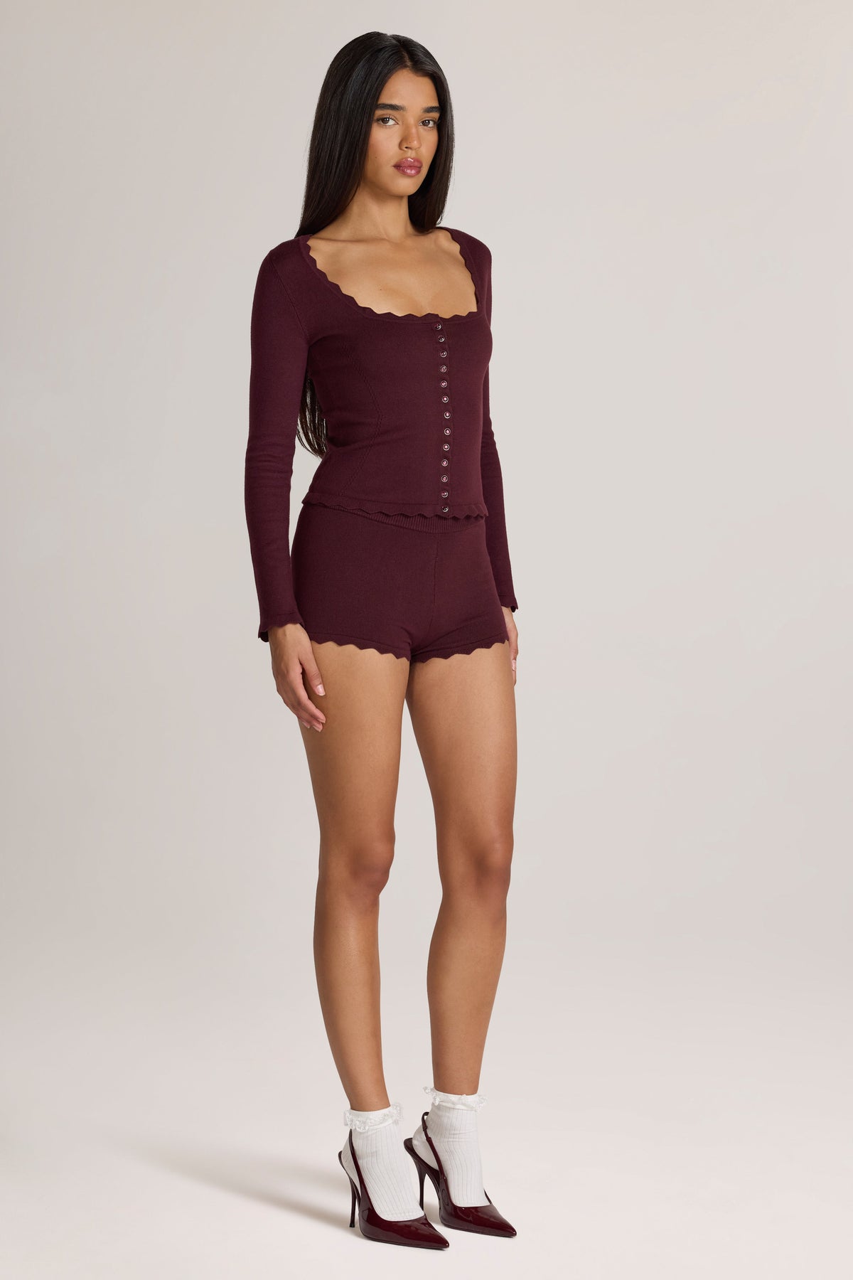 Belavie Linden Knit Mid-Rise Mini Shorts in Cocoa Brown