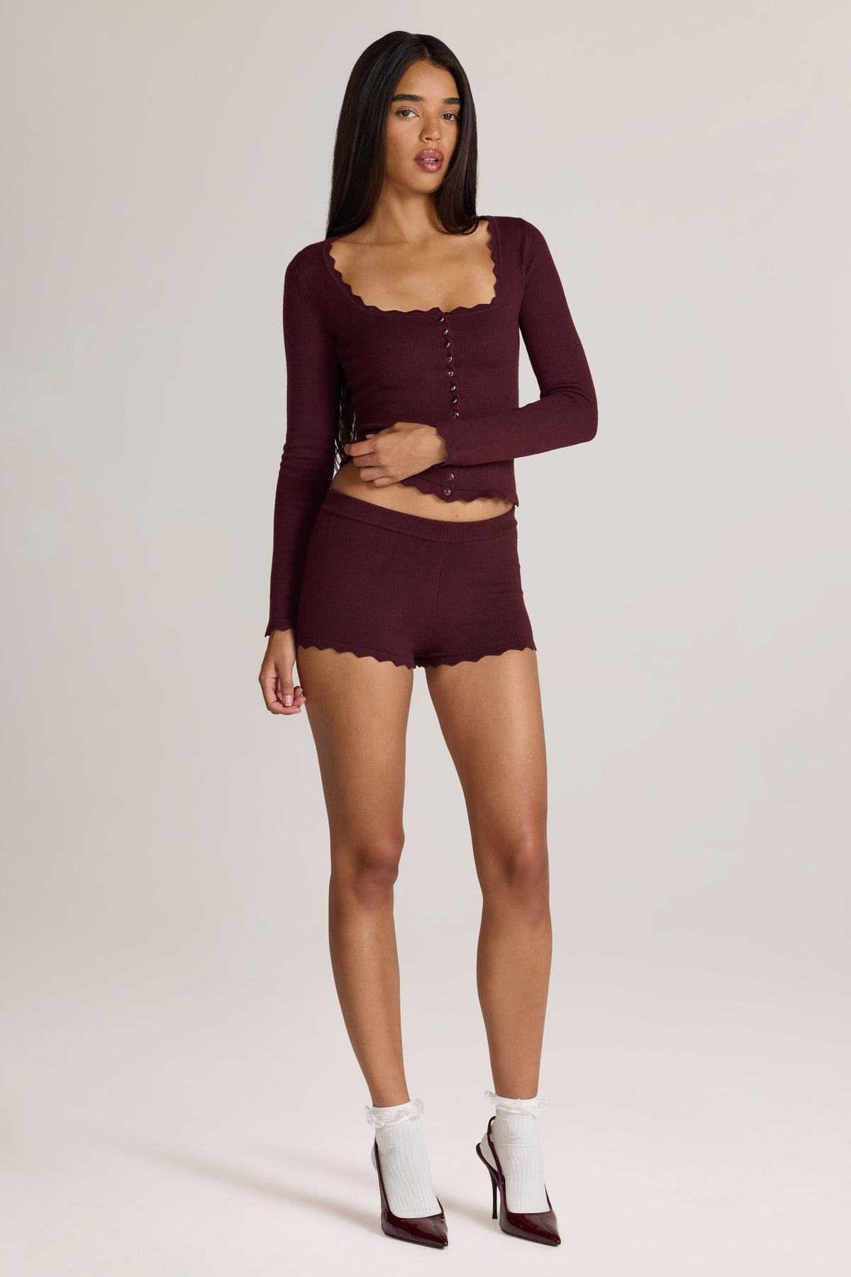 Belavie Linden Knit Mid-Rise Mini Shorts in Cocoa Brown