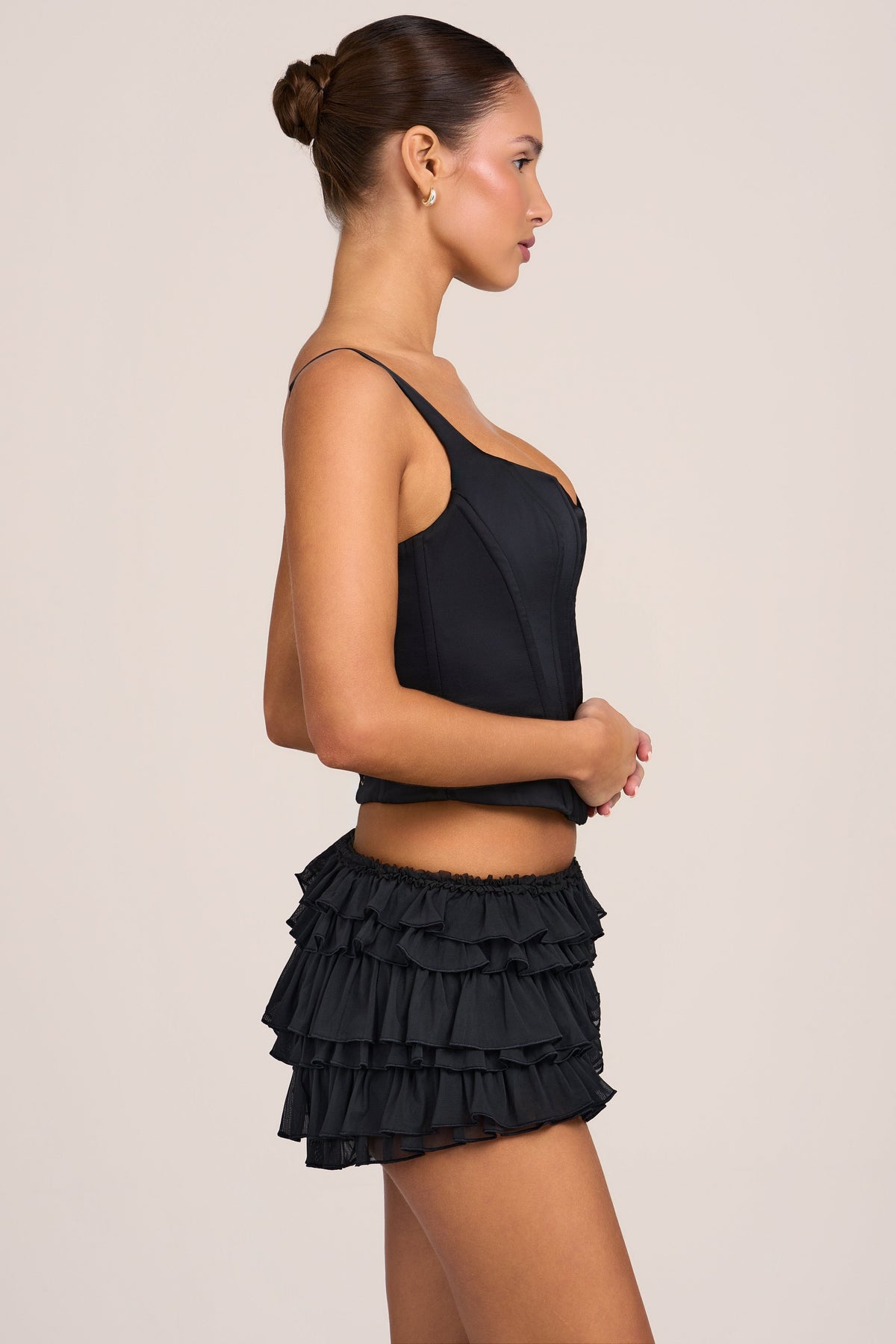 Belavie Lipe Mesh Low-Rise Ruffle Shorts in Black