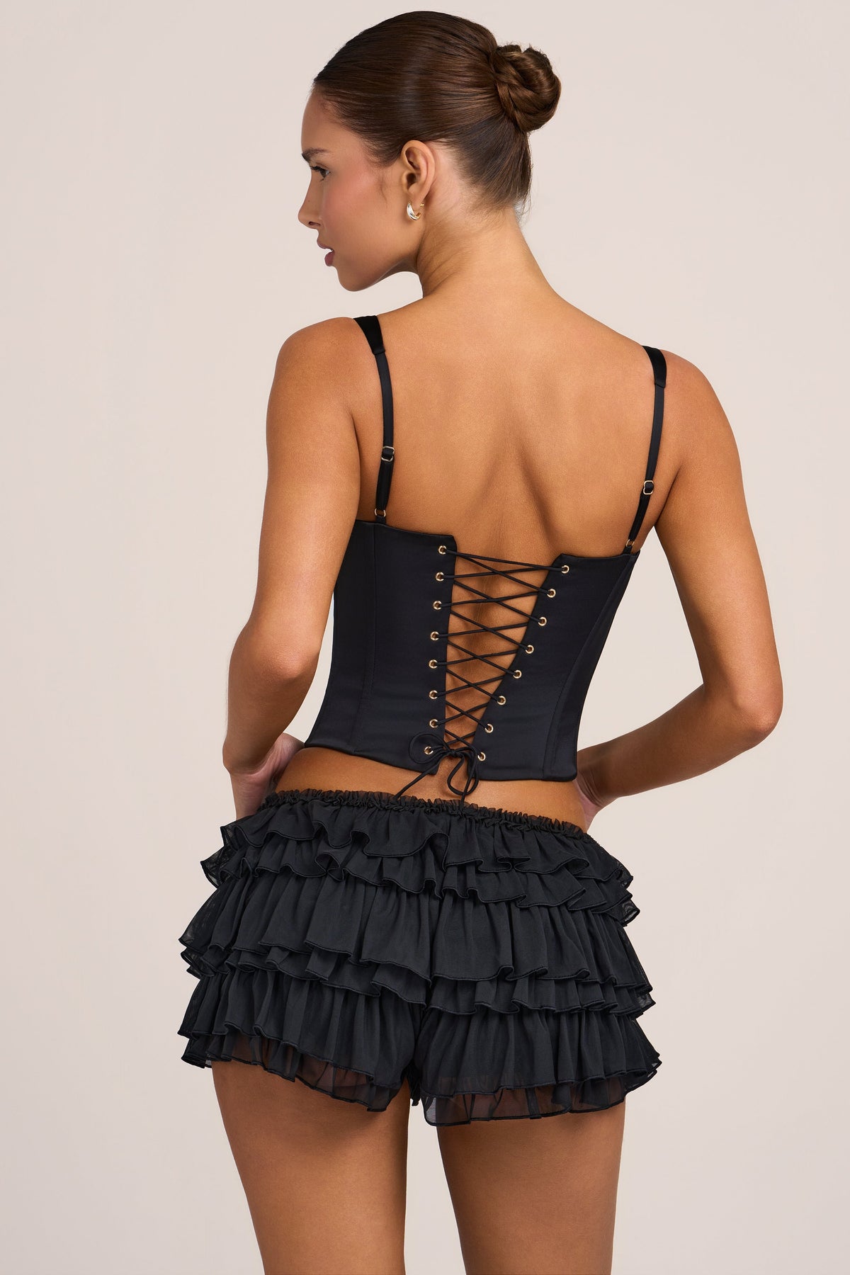 Belavie Lipe Mesh Low-Rise Ruffle Shorts in Black