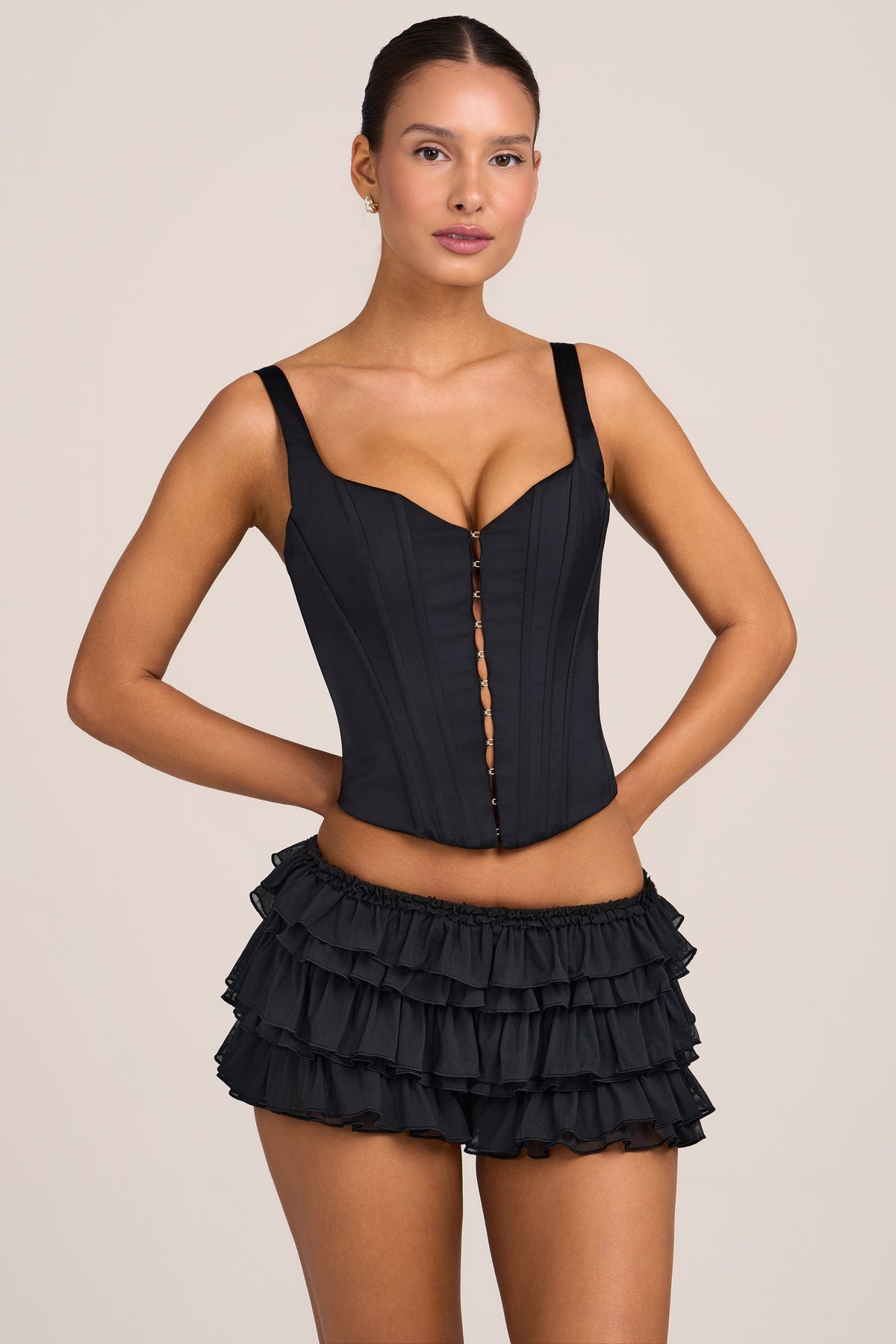 Belavie Lipe Mesh Low-Rise Ruffle Shorts in Black