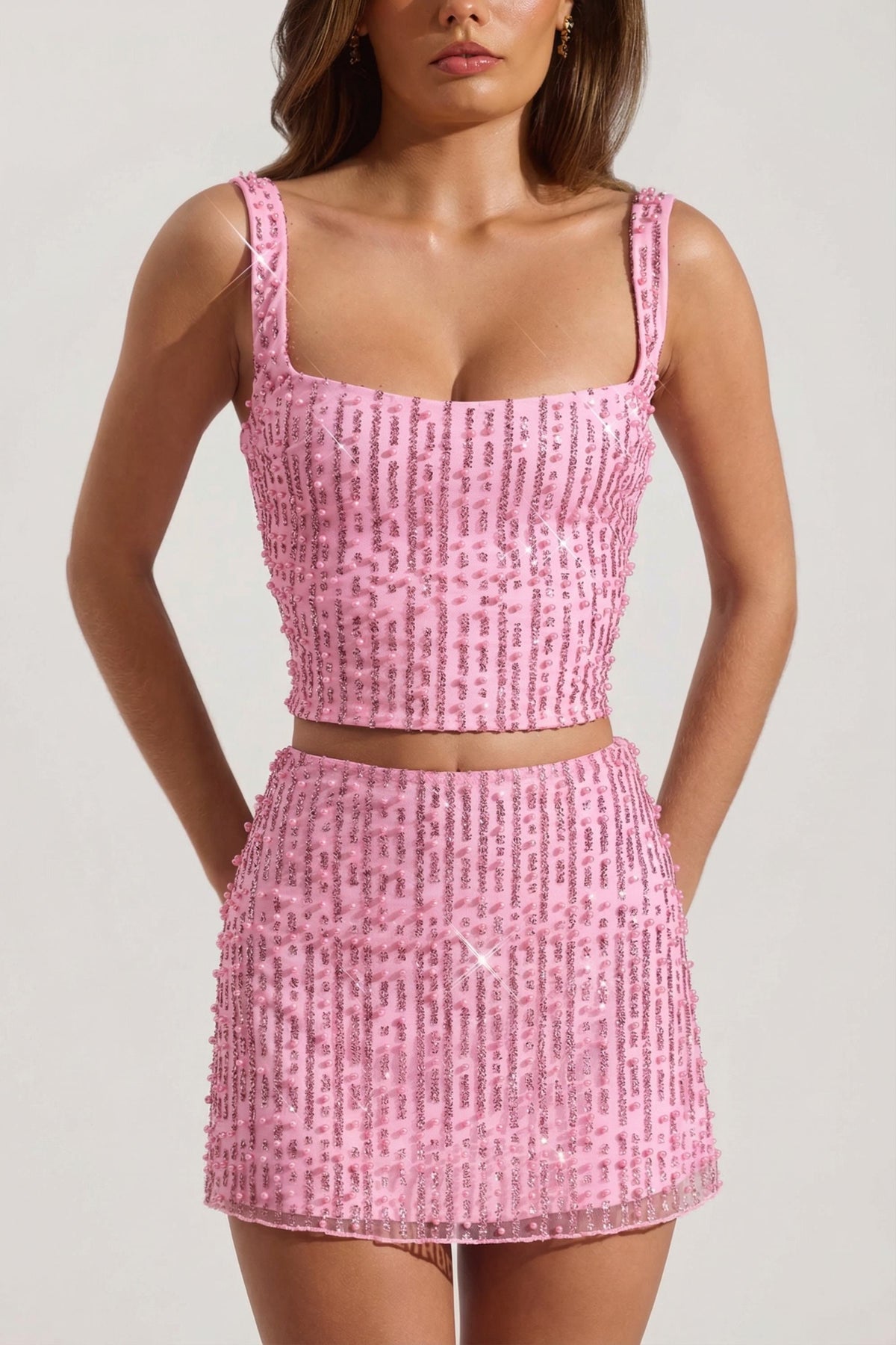 Belavie Liraal Embellished Square-Neck Crop Top in Posy