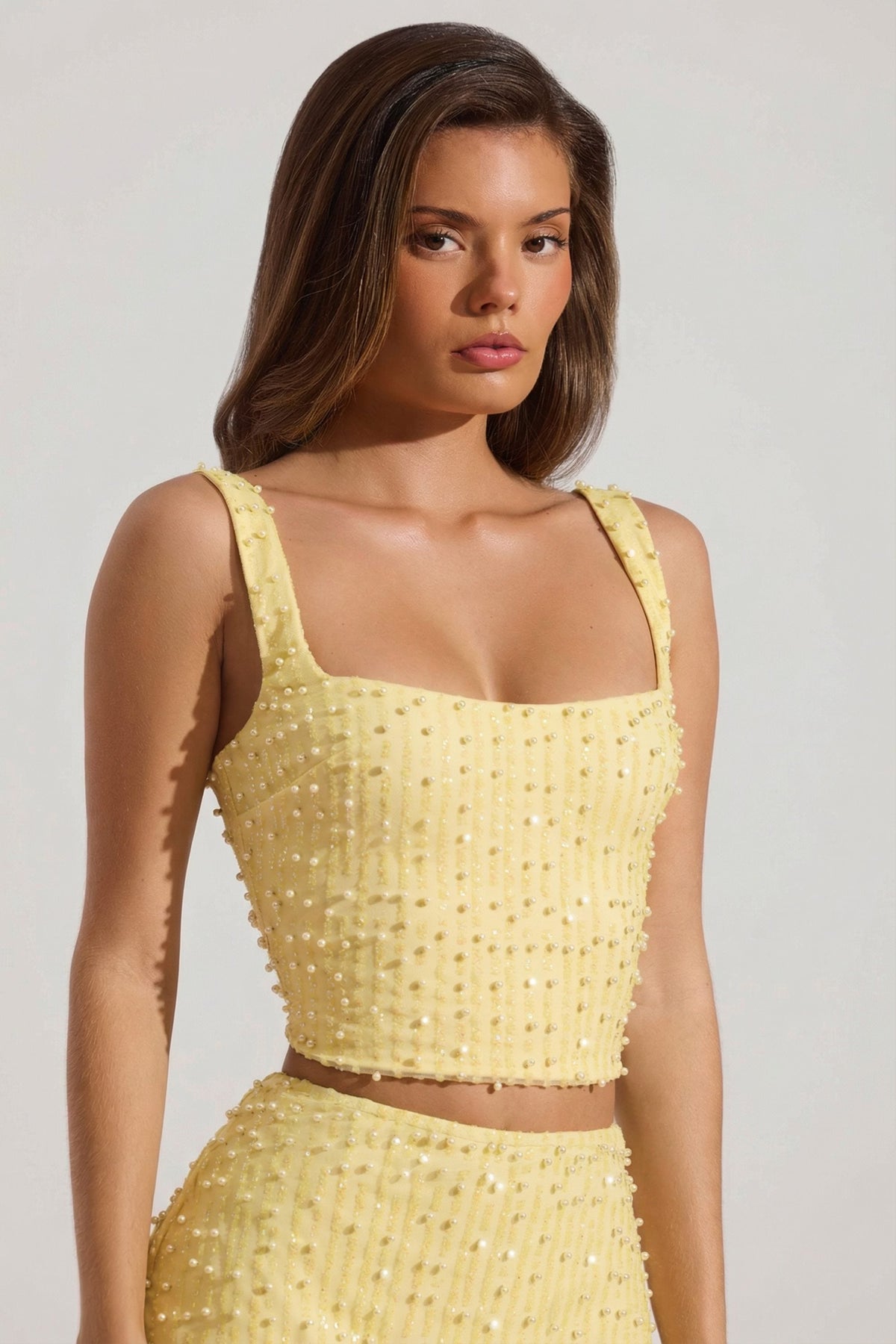 Belavie Liraal Embellished Square-Neck Crop Top in Limoncello