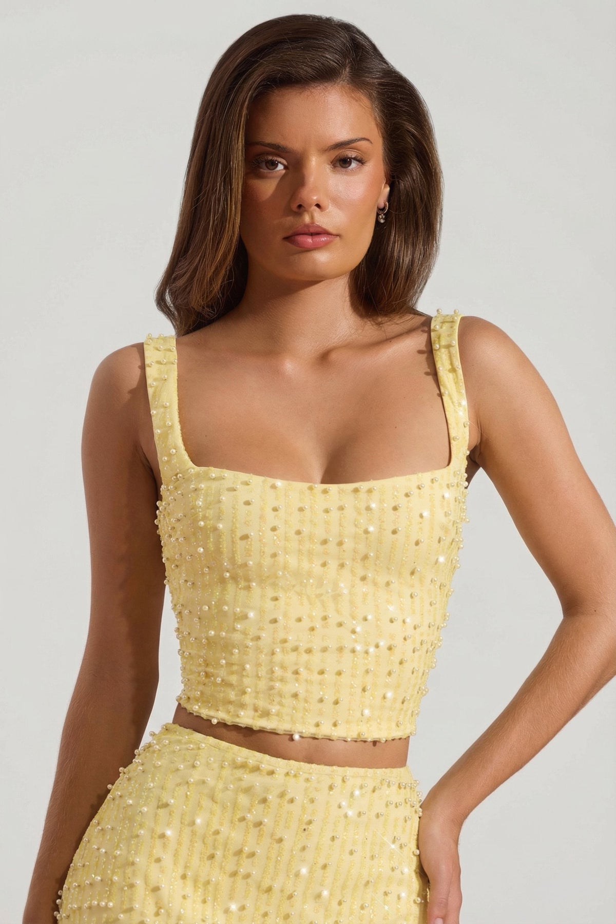 Belavie Liraal Embellished Square-Neck Crop Top in Limoncello