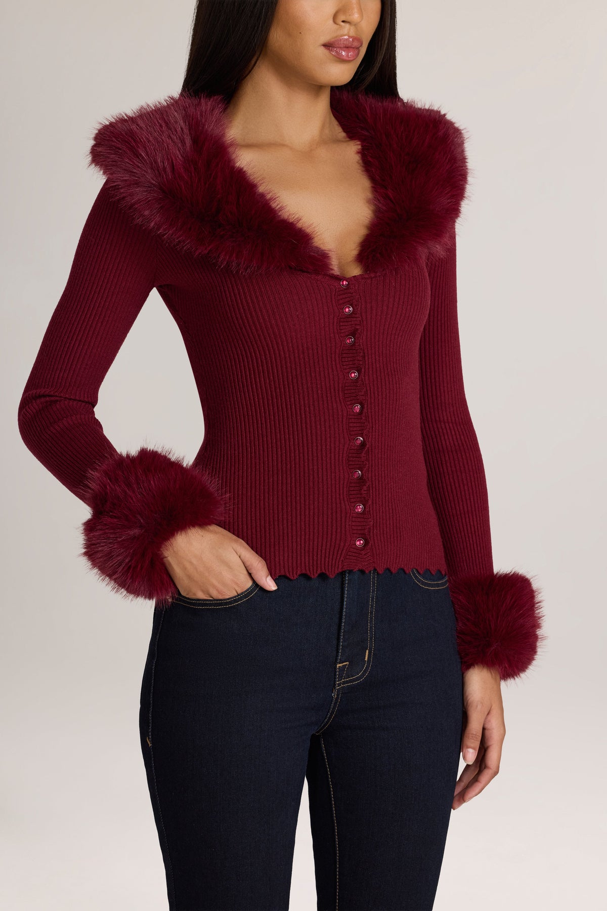 Belavie Lissia Knit Faux-Fur-Trim Cardigan in Wine