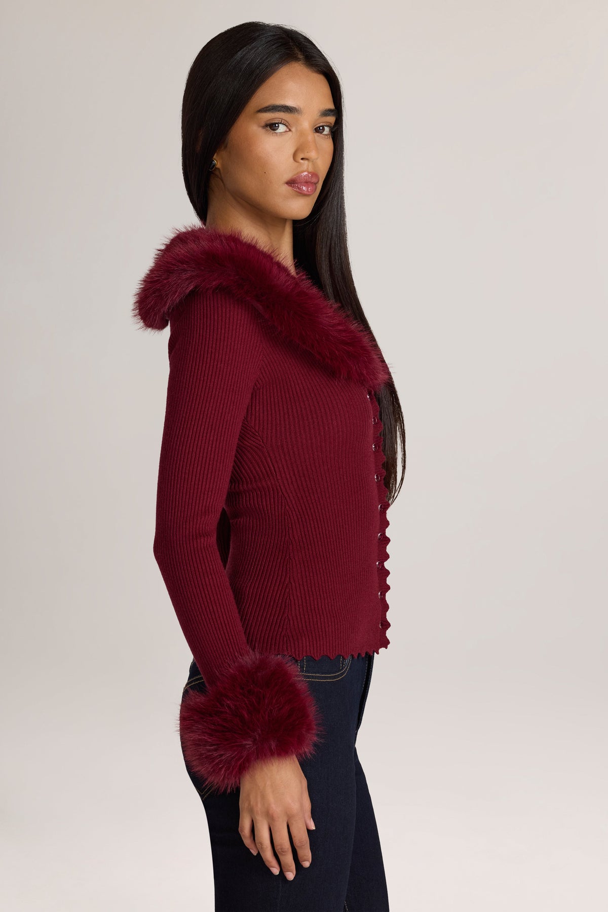 Belavie Lissia Knit Faux-Fur-Trim Cardigan in Wine