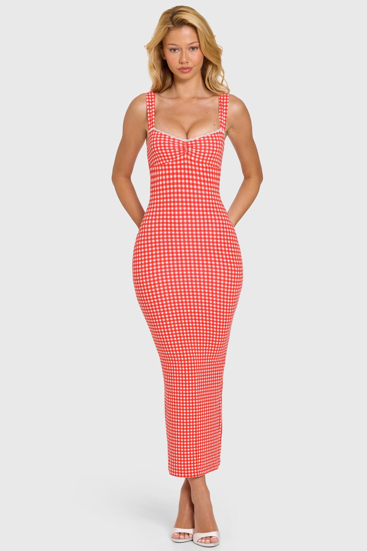 Belavie Loria Modal Lace-Trim Midaxi Dress in Red Gingham