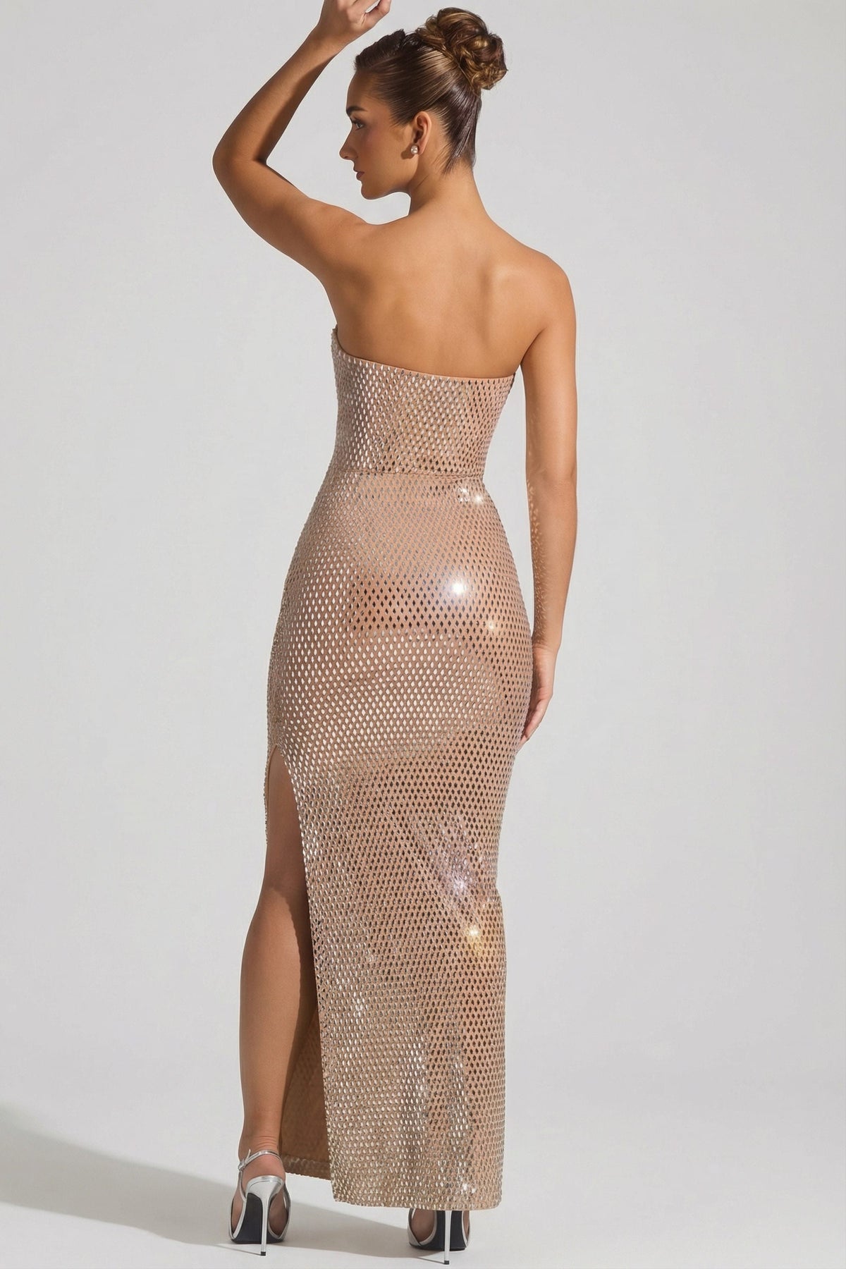 Belavie Lucila Embellished Strapless Plunge Gown in Honey